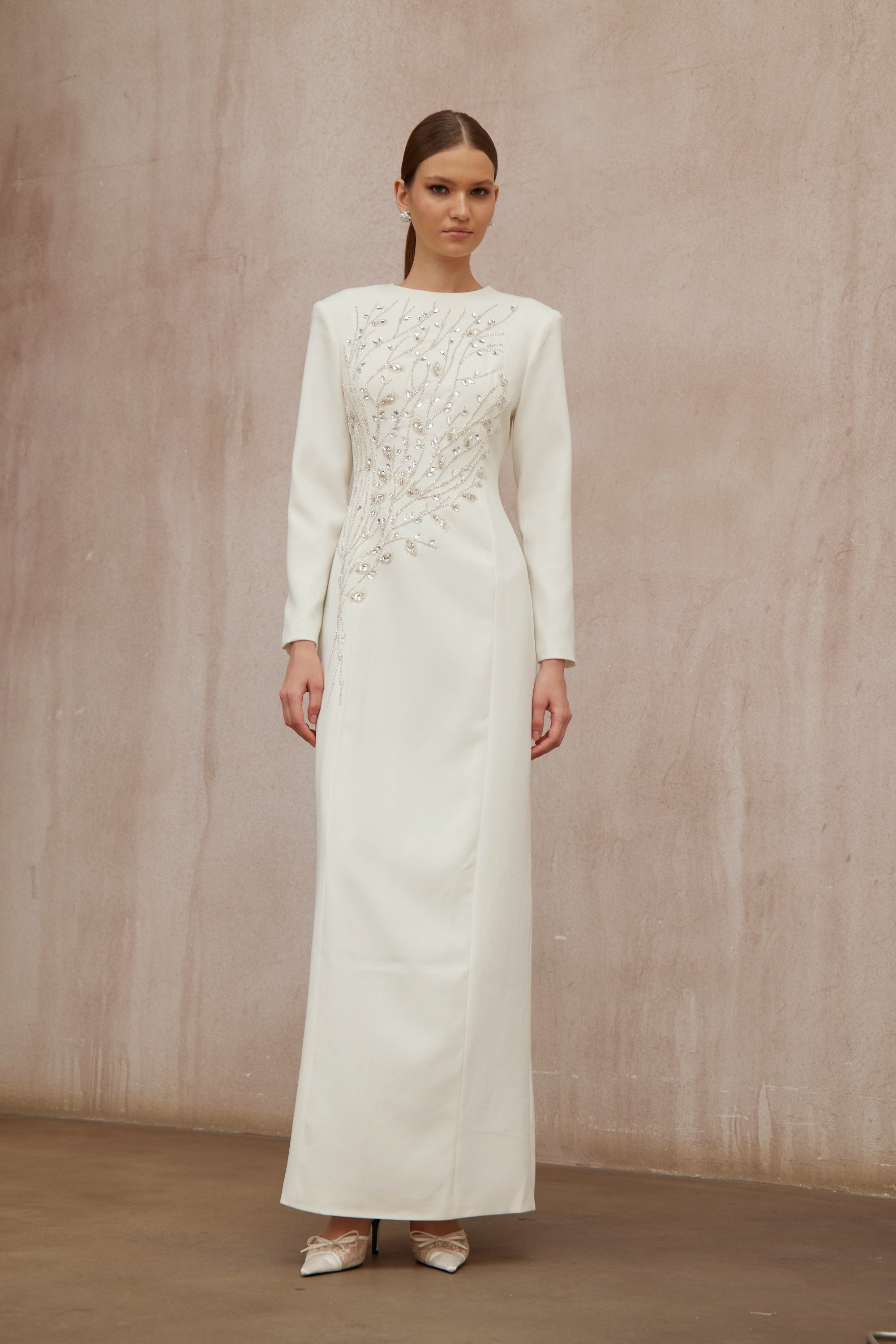 Calliopée White Leaf Appliqué Embellished Maxi Gown
