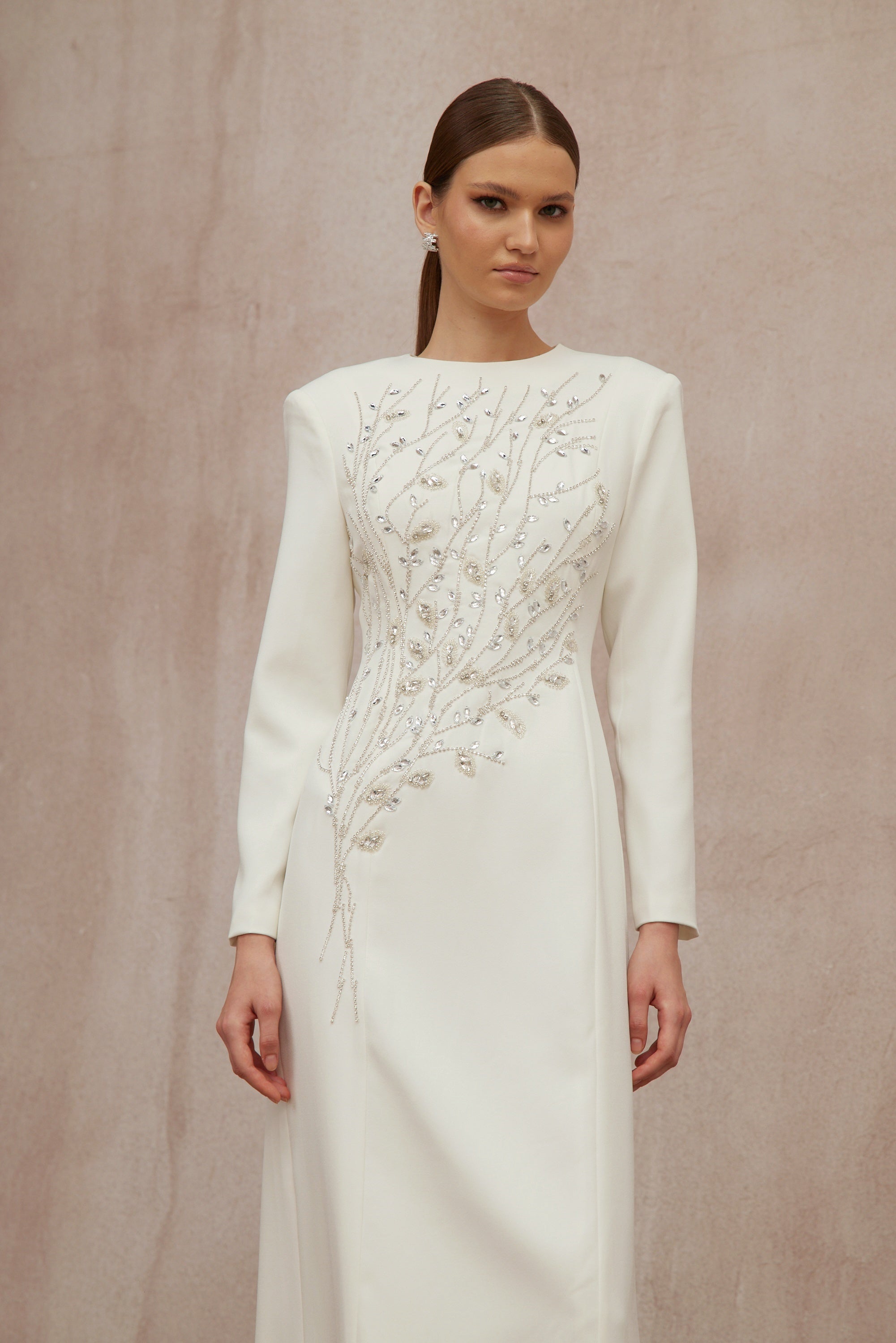 Calliopée White Leaf Appliqué Embellished Maxi Gown