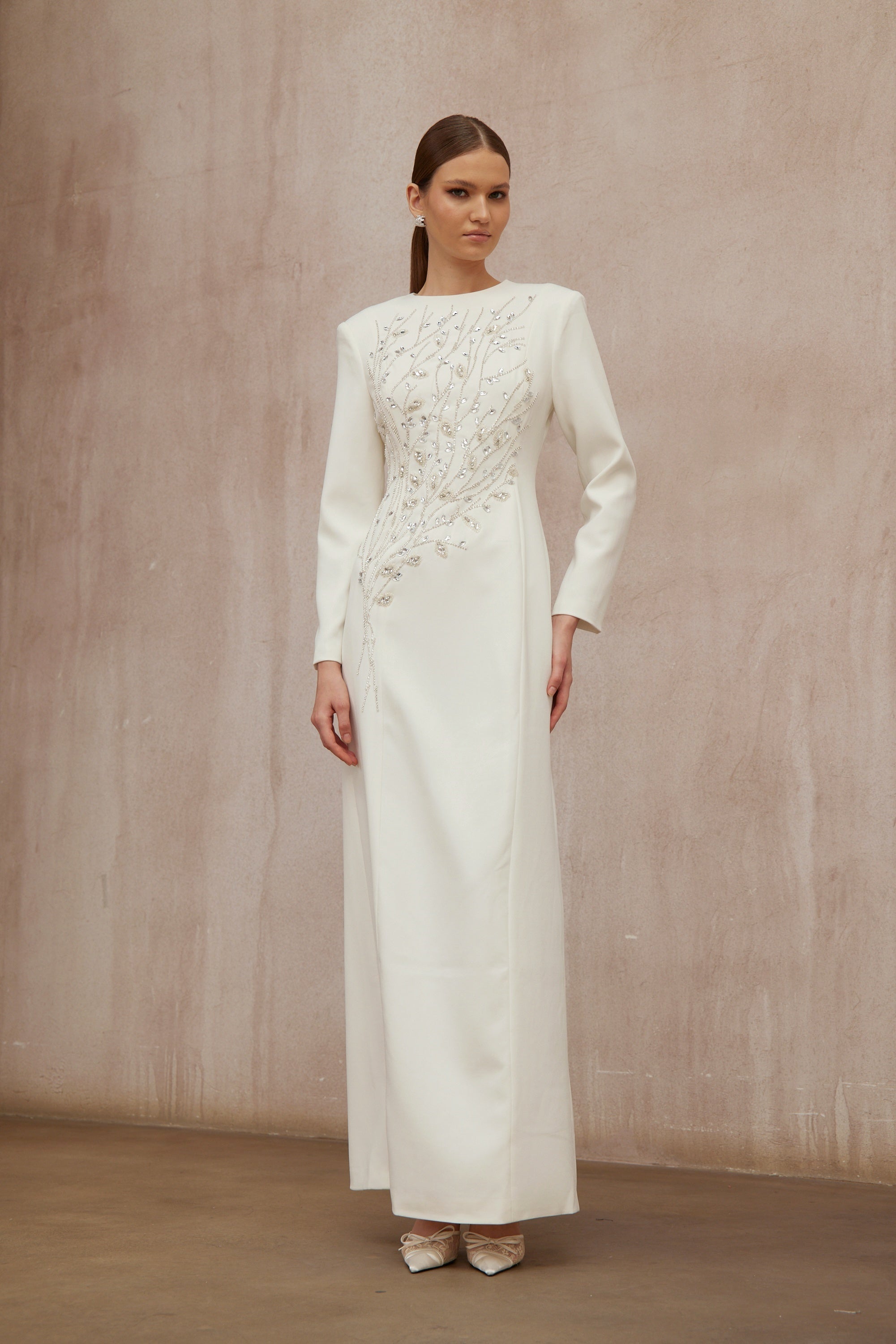 Calliopée White Leaf Appliqué Embellished Maxi Gown