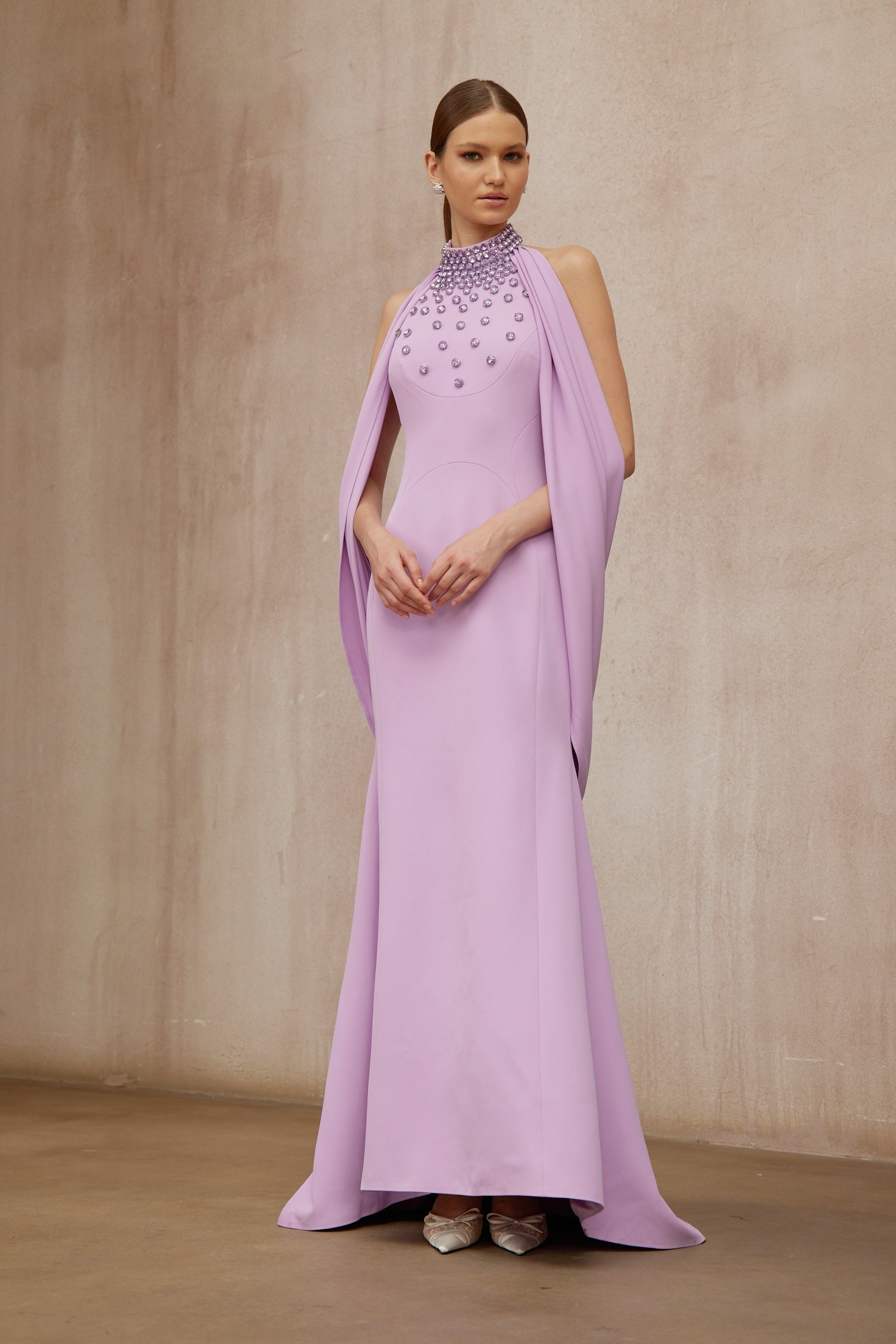 Cerise Purple Shawl Embellished Maxi Dress