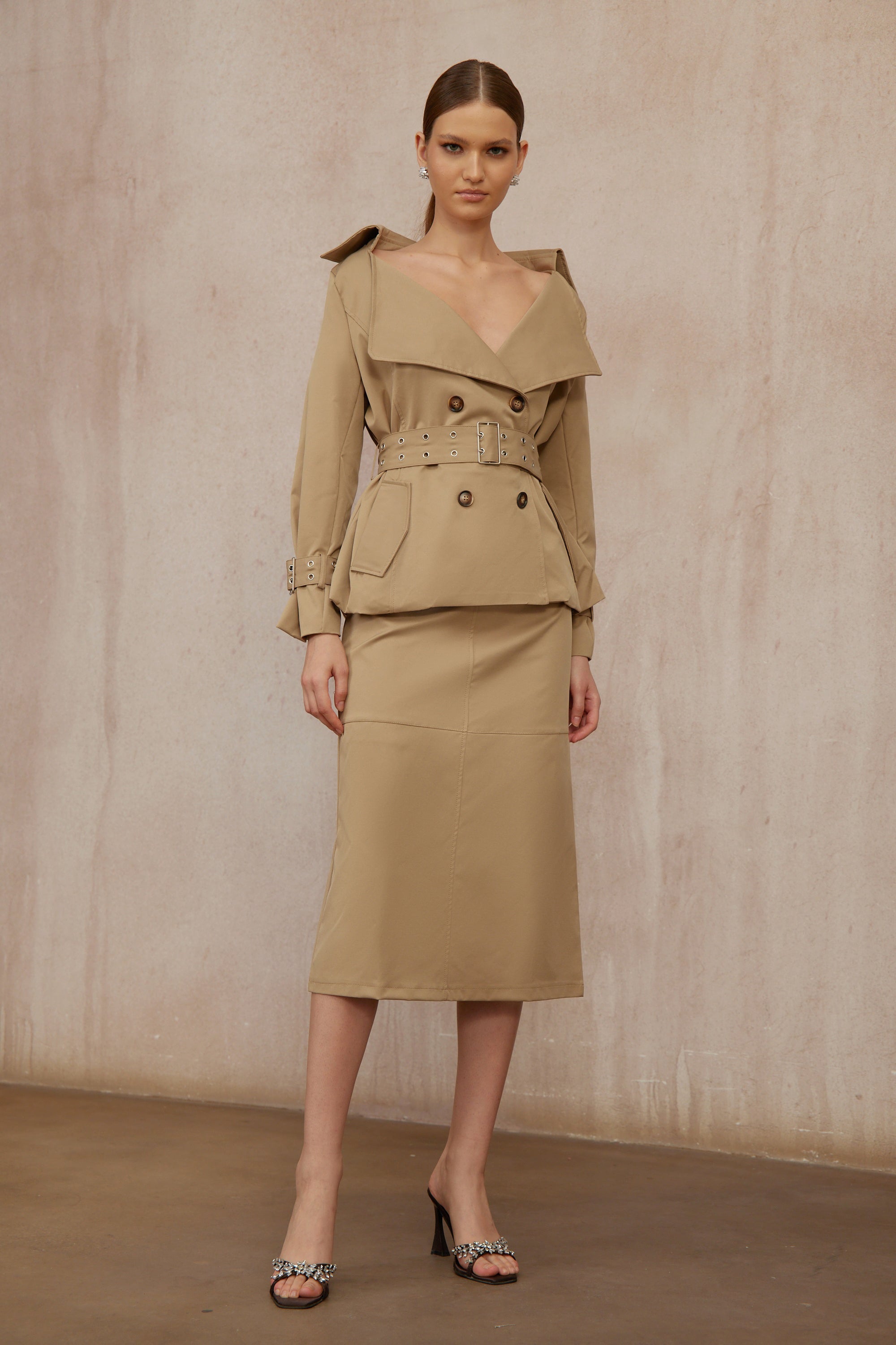 Isabelle Khaki Double-Breasted Trench Coat & Skirt Set