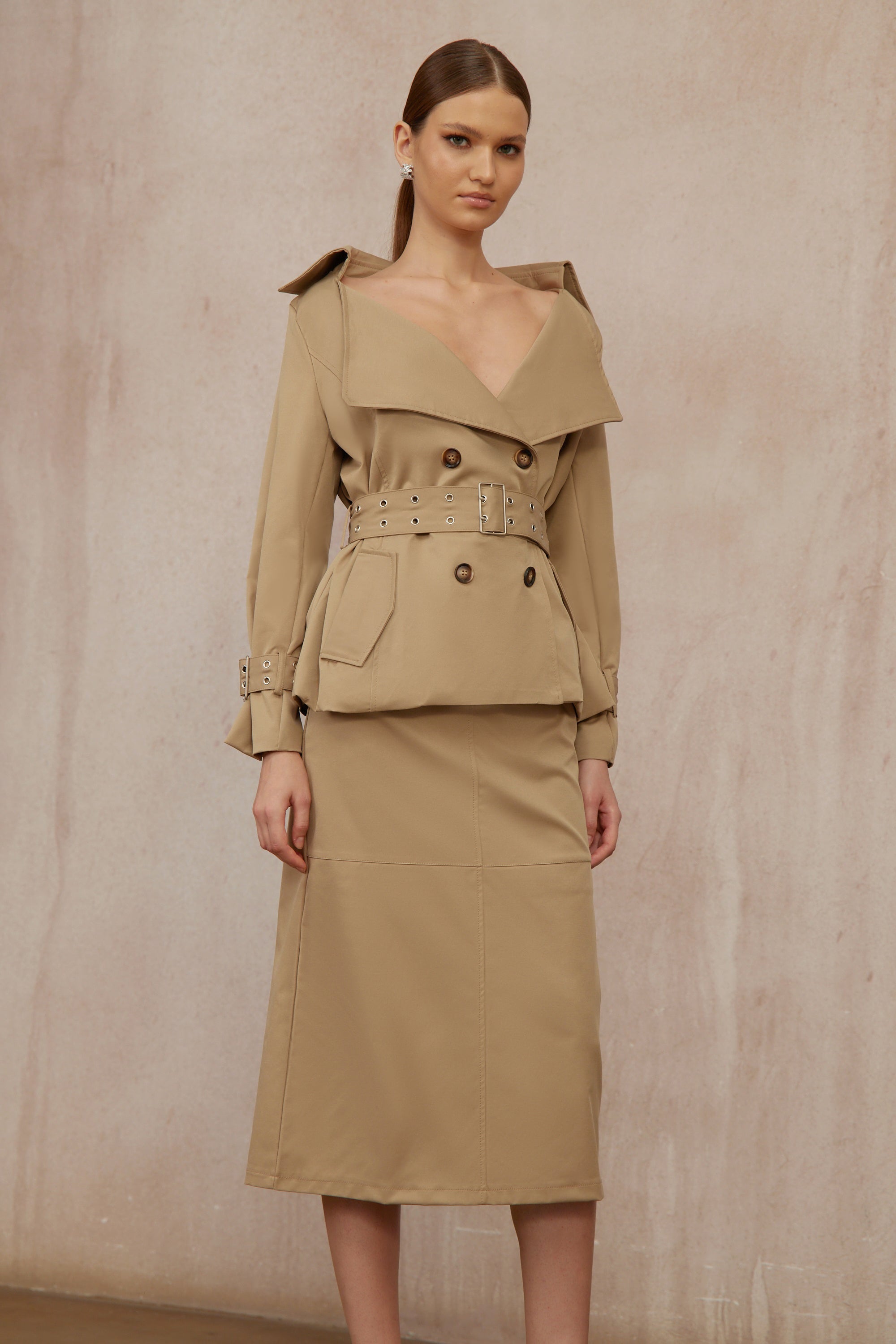 Isabelle Khaki Double-Breasted Trench Coat & Skirt Set
