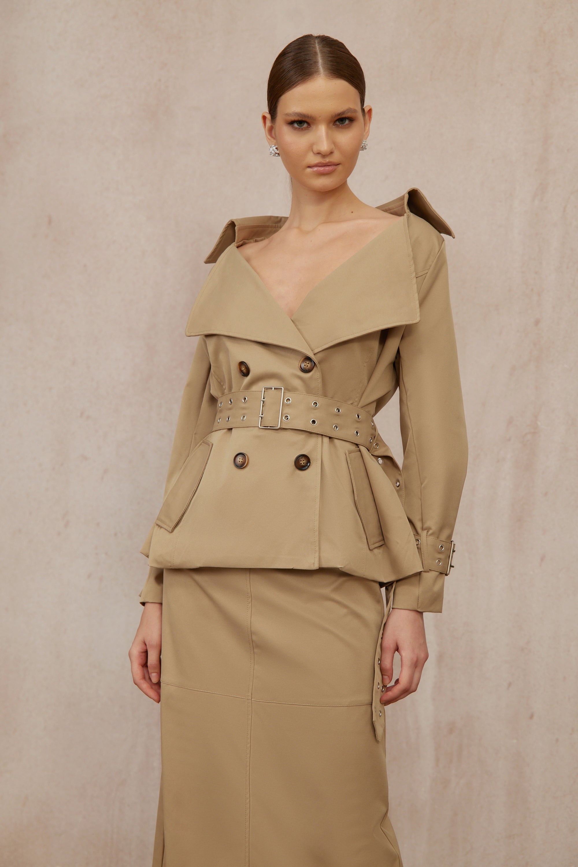 Isabelle Khaki Double-Breasted Trench Coat & Skirt Set