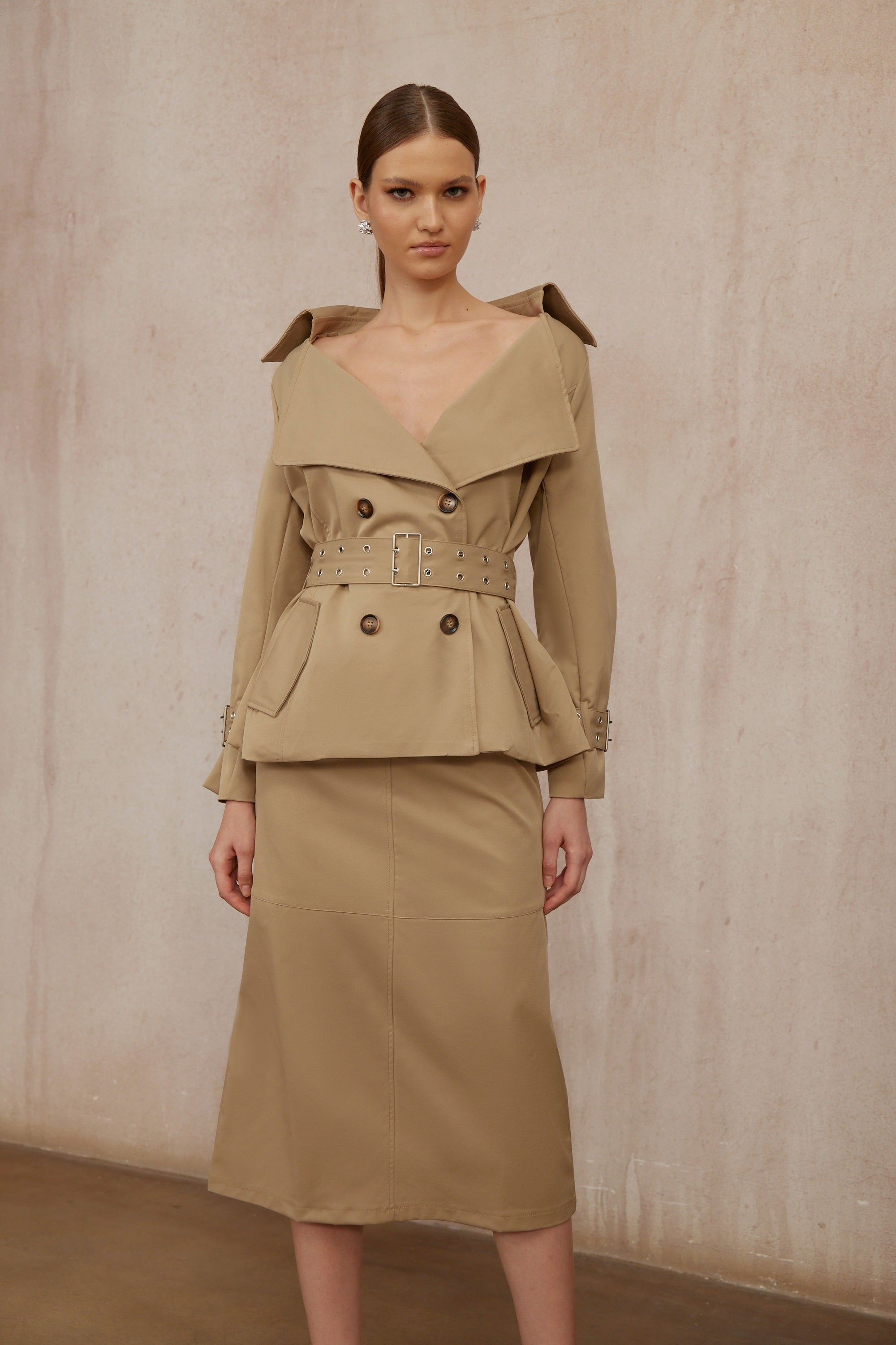 Isabelle Khaki Double-Breasted Trench Coat & Skirt Set