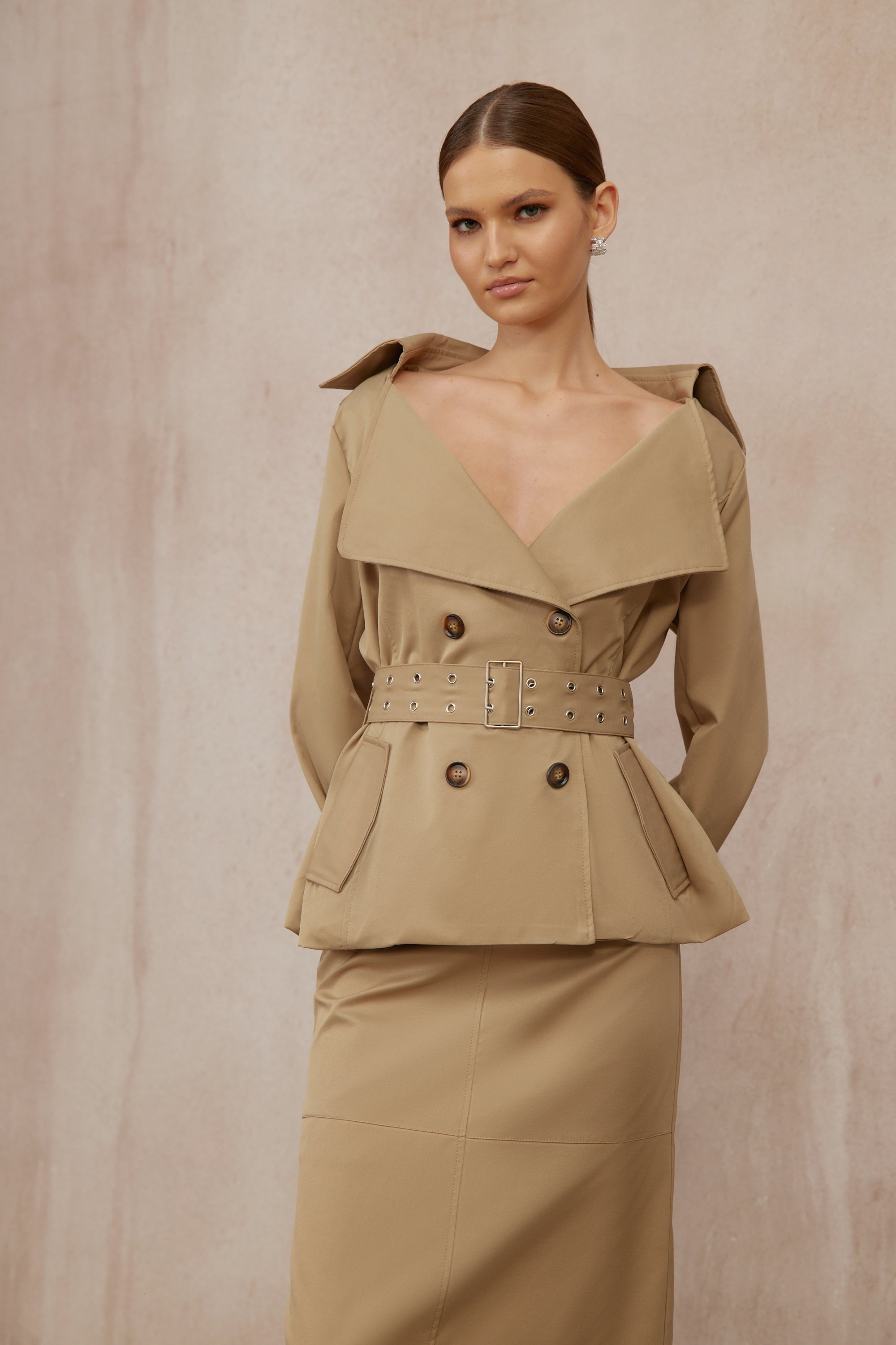 Isabelle Khaki Double-Breasted Trench Coat & Skirt Set