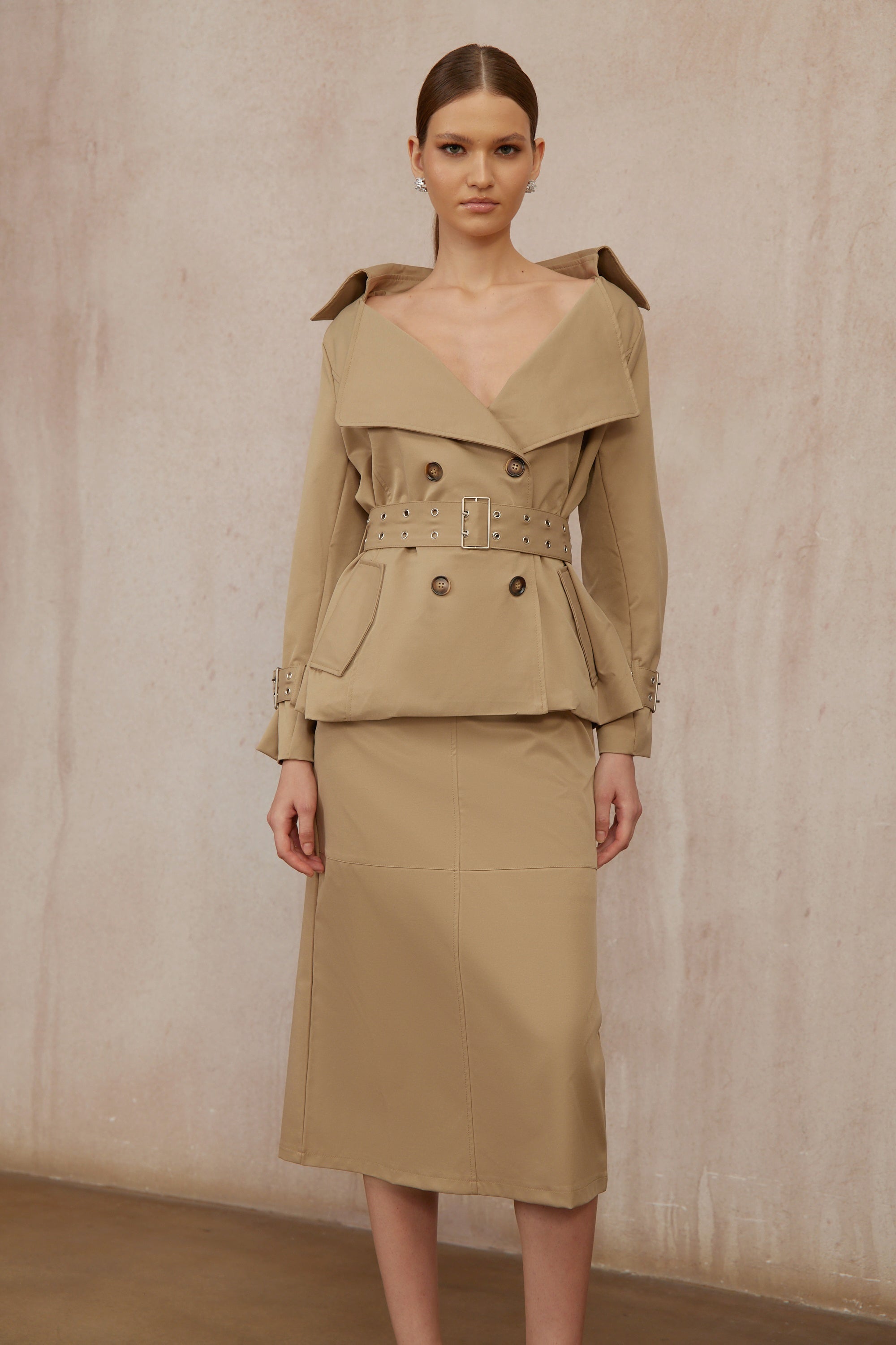 Isabelle Khaki Double-Breasted Trench Coat & Skirt Set