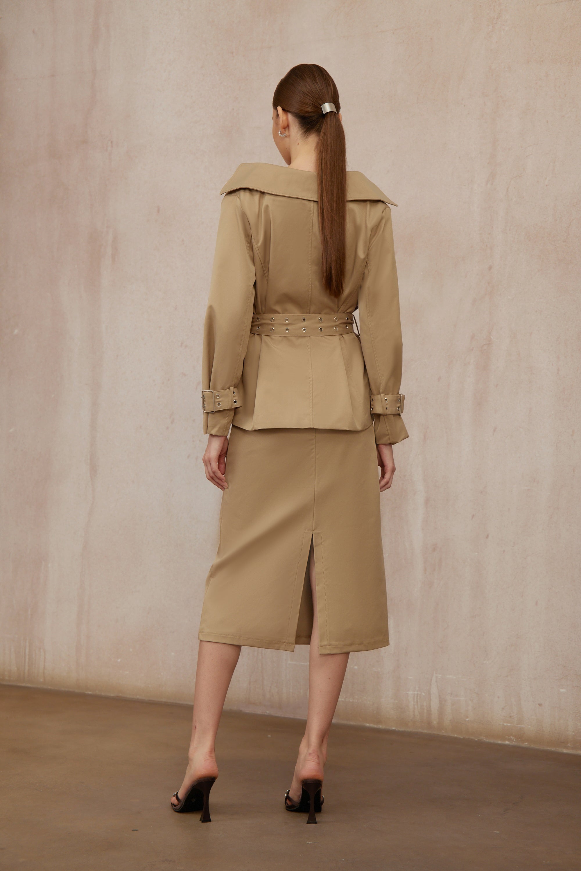 Isabelle Khaki Double-Breasted Trench Coat & Skirt Set