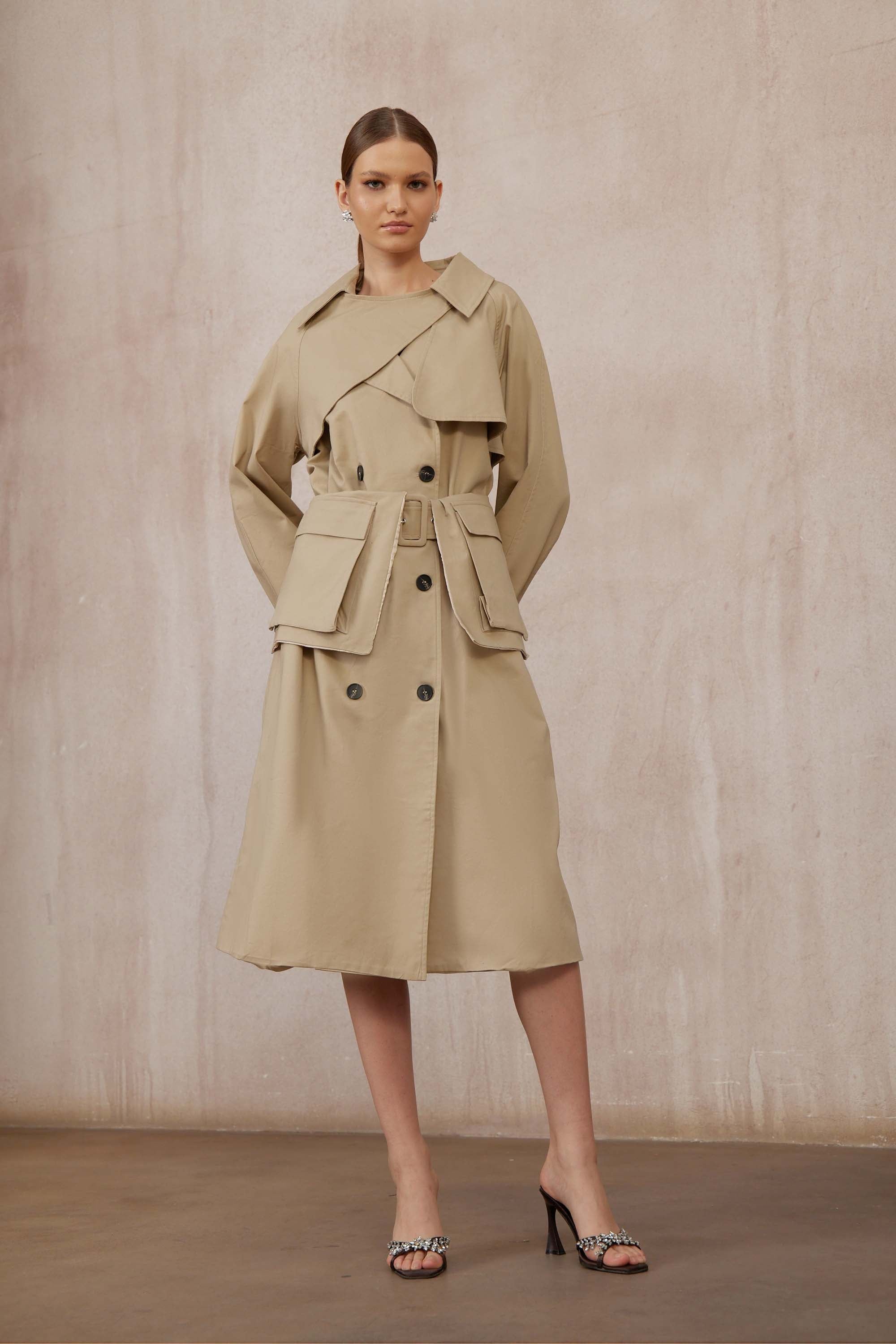 Raquel Khaki Asymmetrical Long Trench Coat