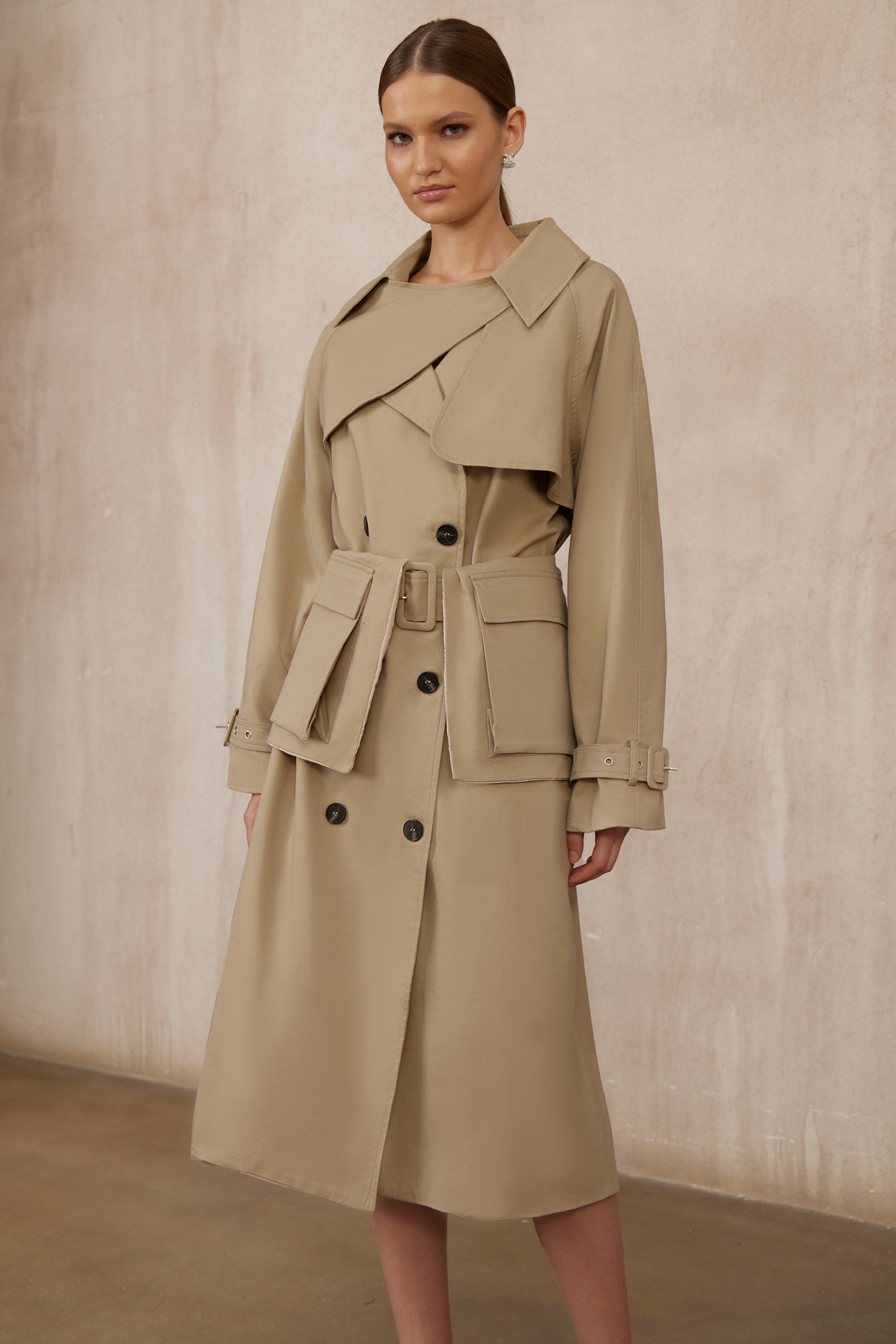 Raquel Khaki Asymmetrical Long Trench Coat