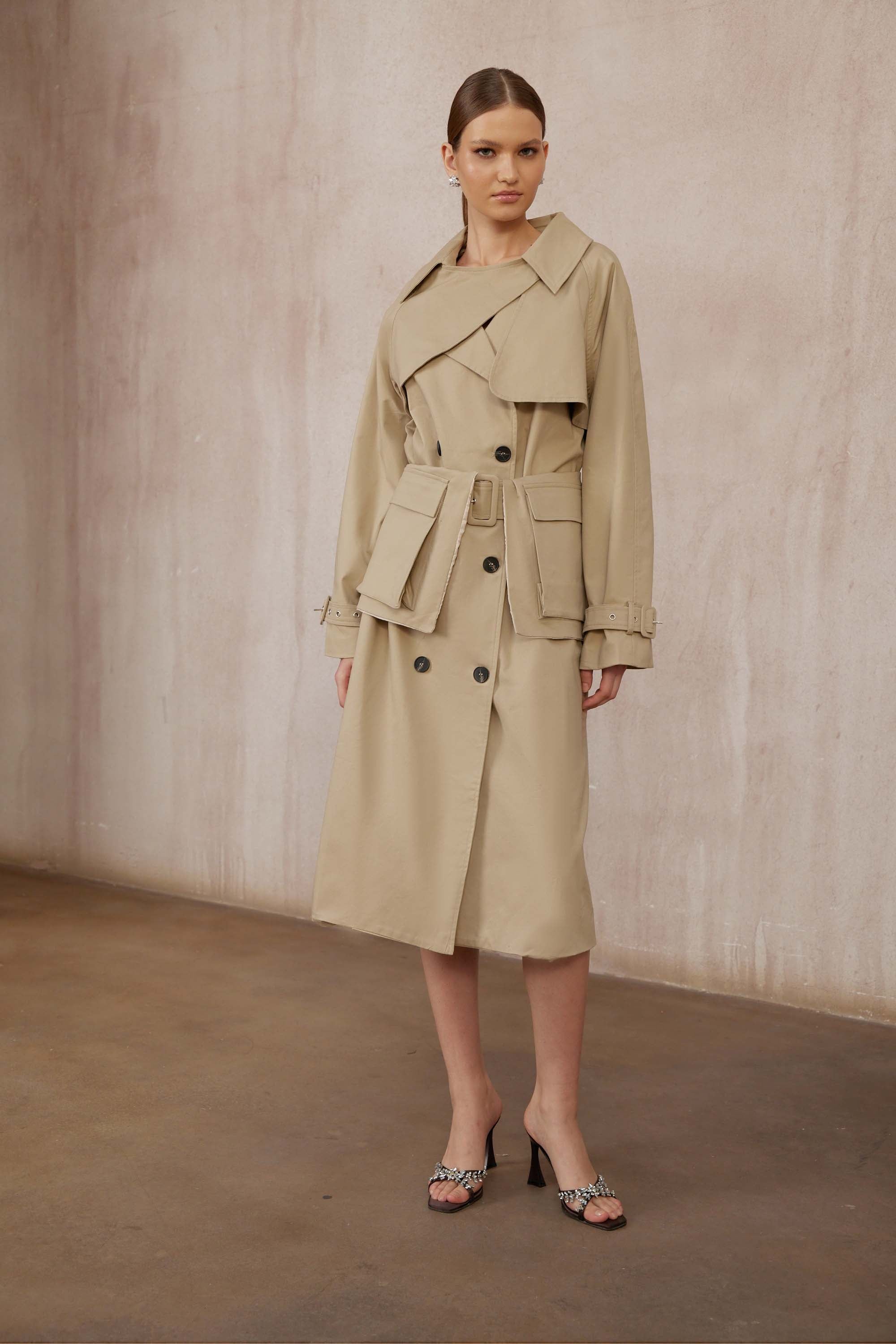 Raquel Khaki Asymmetrical Long Trench Coat
