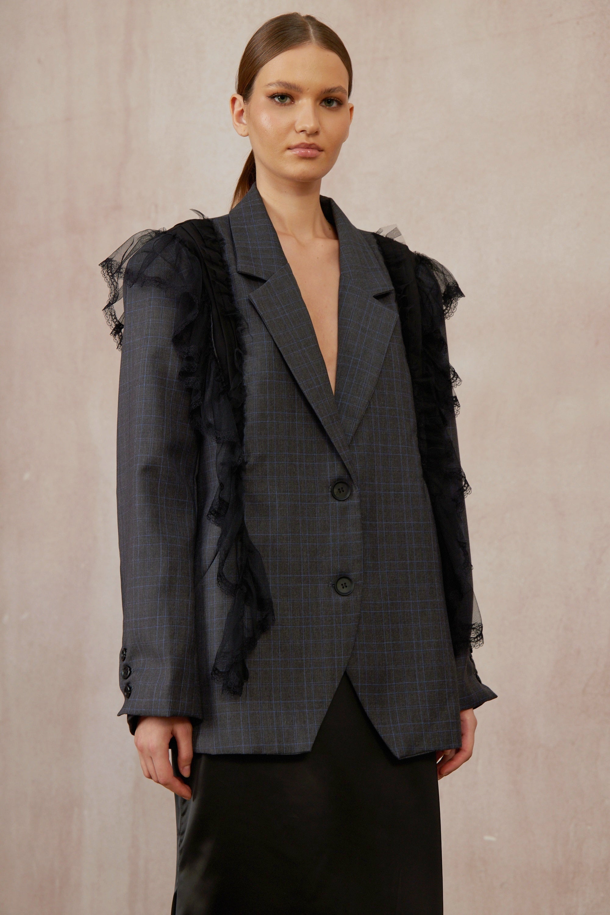 Rebecca Grey Lace Panel Plaid Blazer