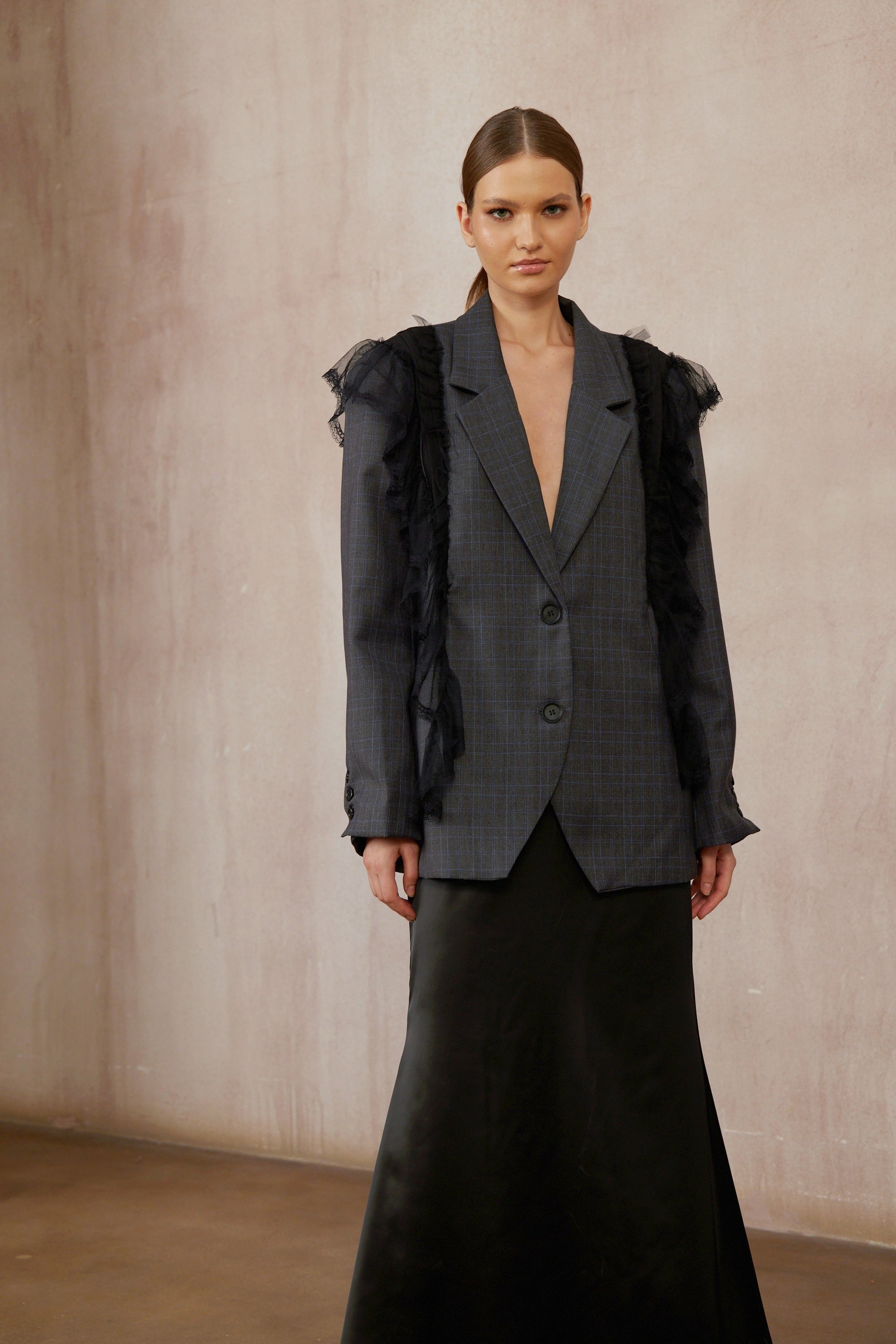 Rebecca Grey Lace Panel Plaid Blazer