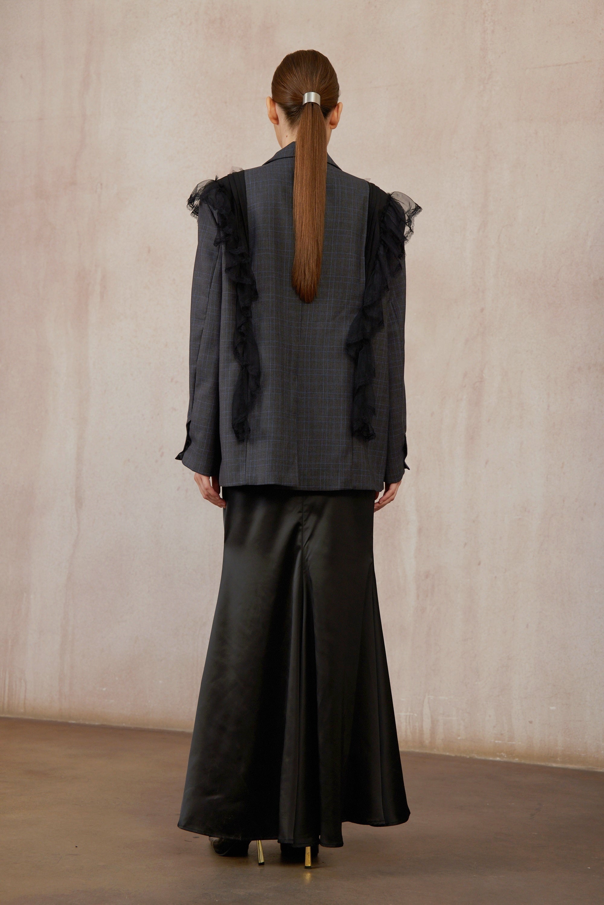 Rebecca Grey Lace Panel Plaid Blazer