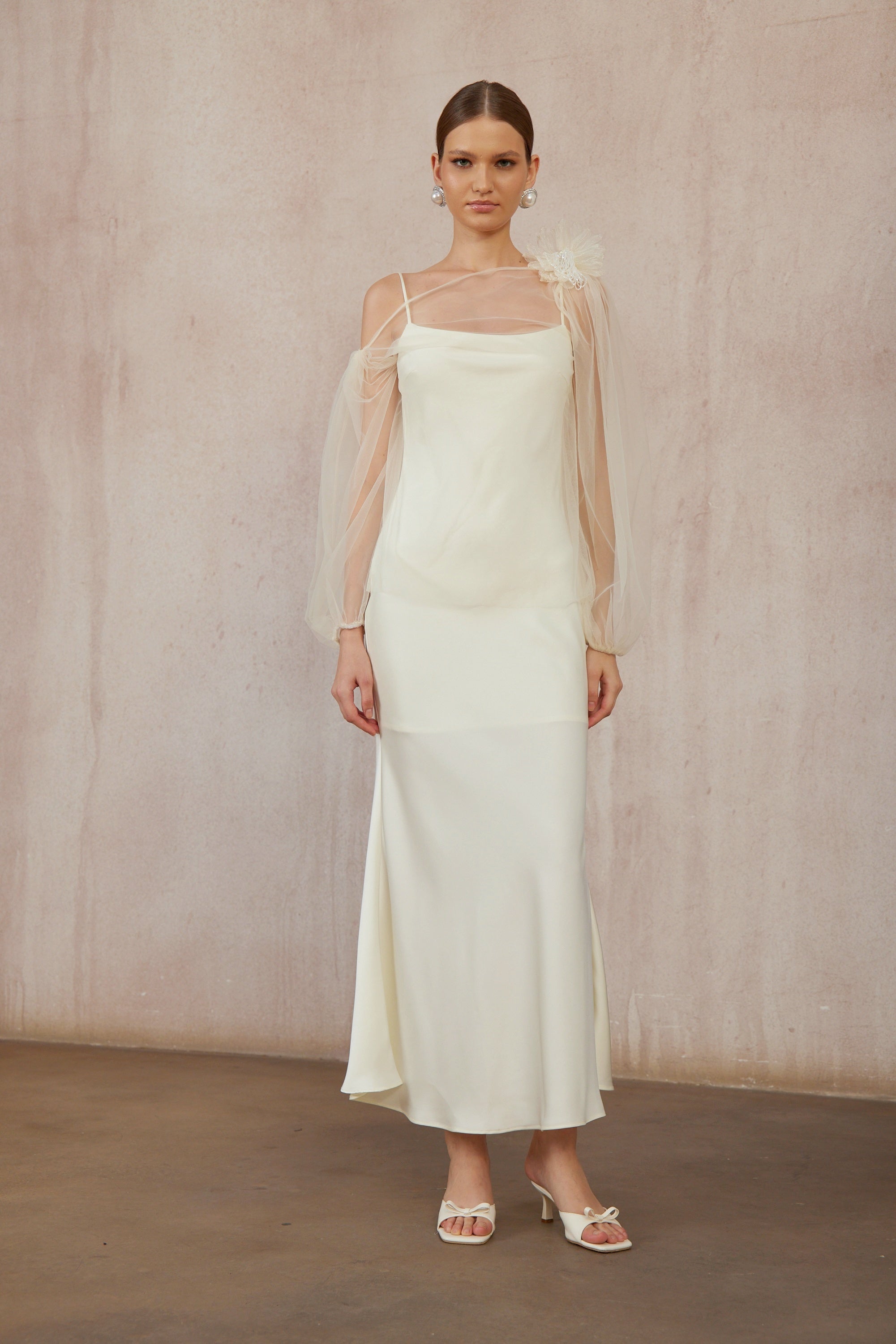 Héloïse White Floral Tulle Blouse & Satin Dress Set