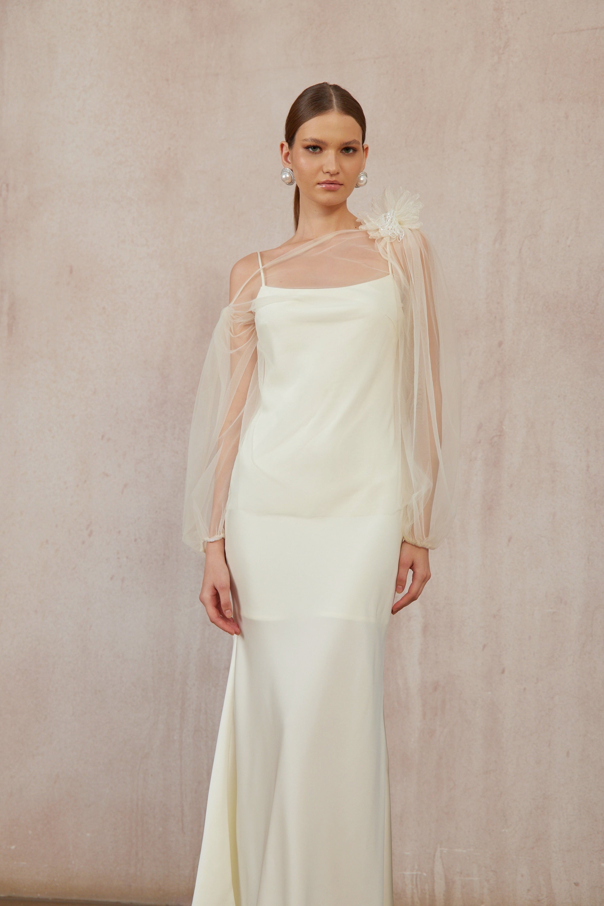 Héloïse White Floral Tulle Blouse & Satin Dress Set