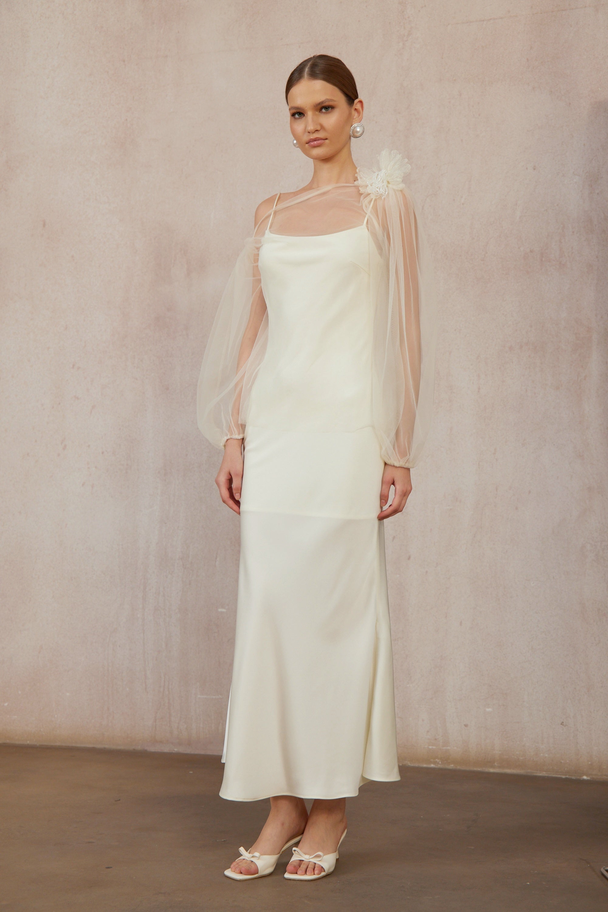 Héloïse White Floral Tulle Blouse & Satin Dress Set