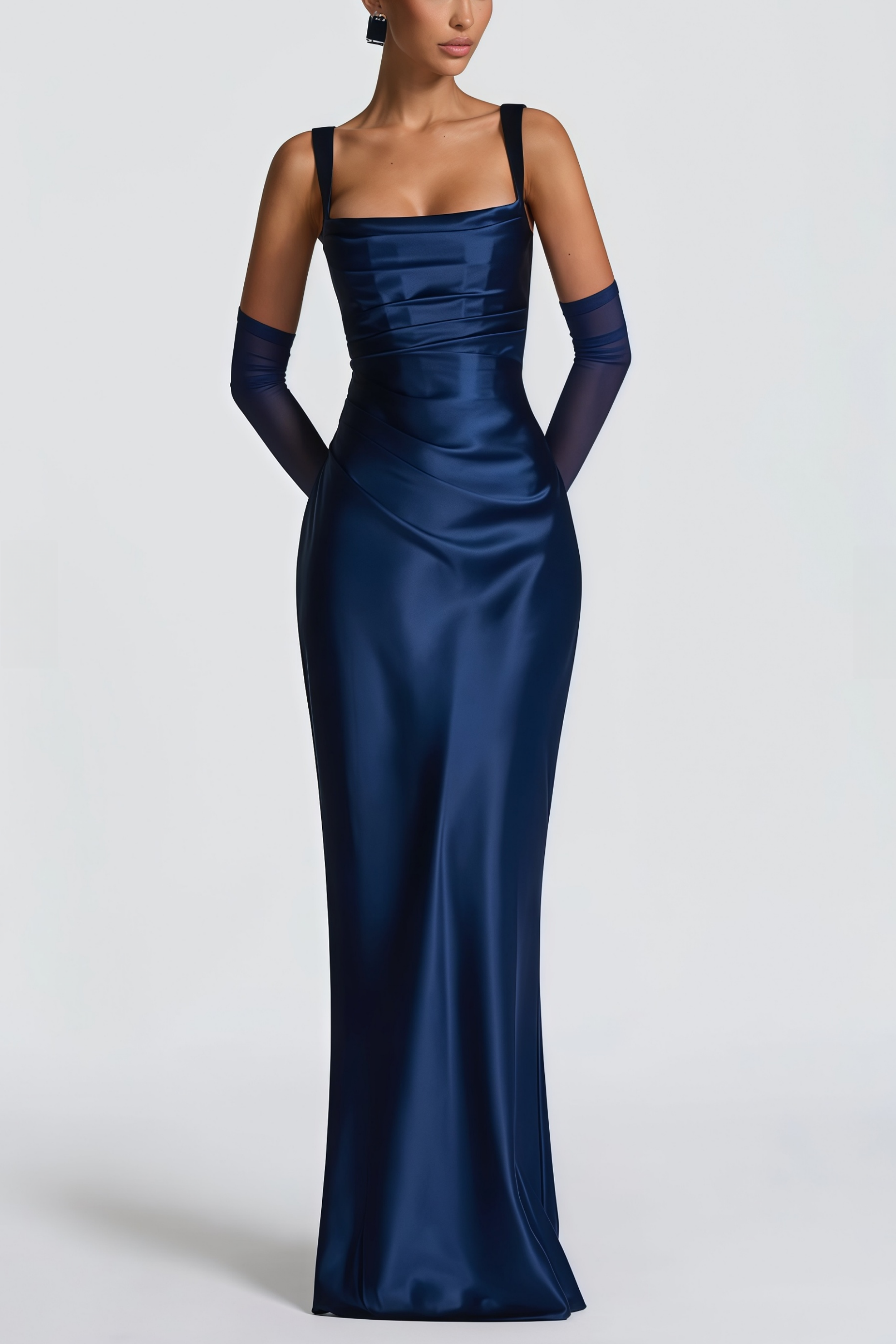 Abendkleid aus Satin mit quadratischem Ausschnitt in Marineblau