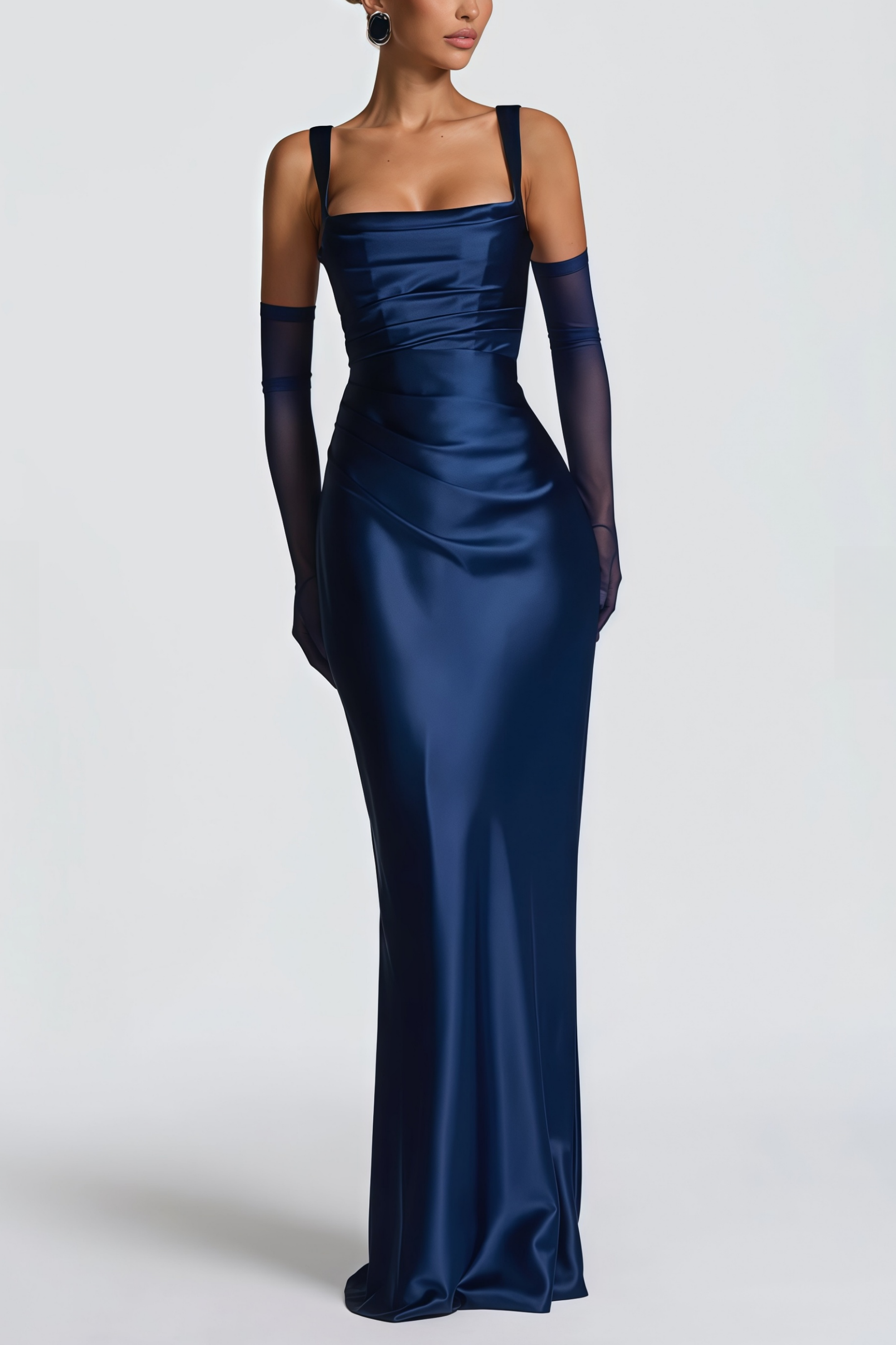 Abendkleid aus Satin mit quadratischem Ausschnitt in Marineblau
