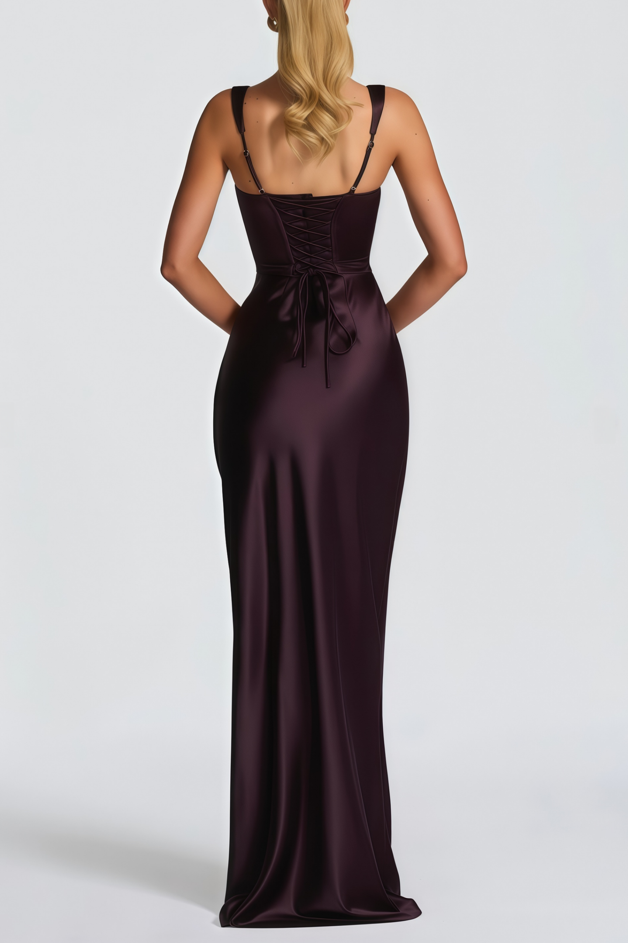 فستان ماكسي بني اللون من الساتان المكشكش من إيماكولادا