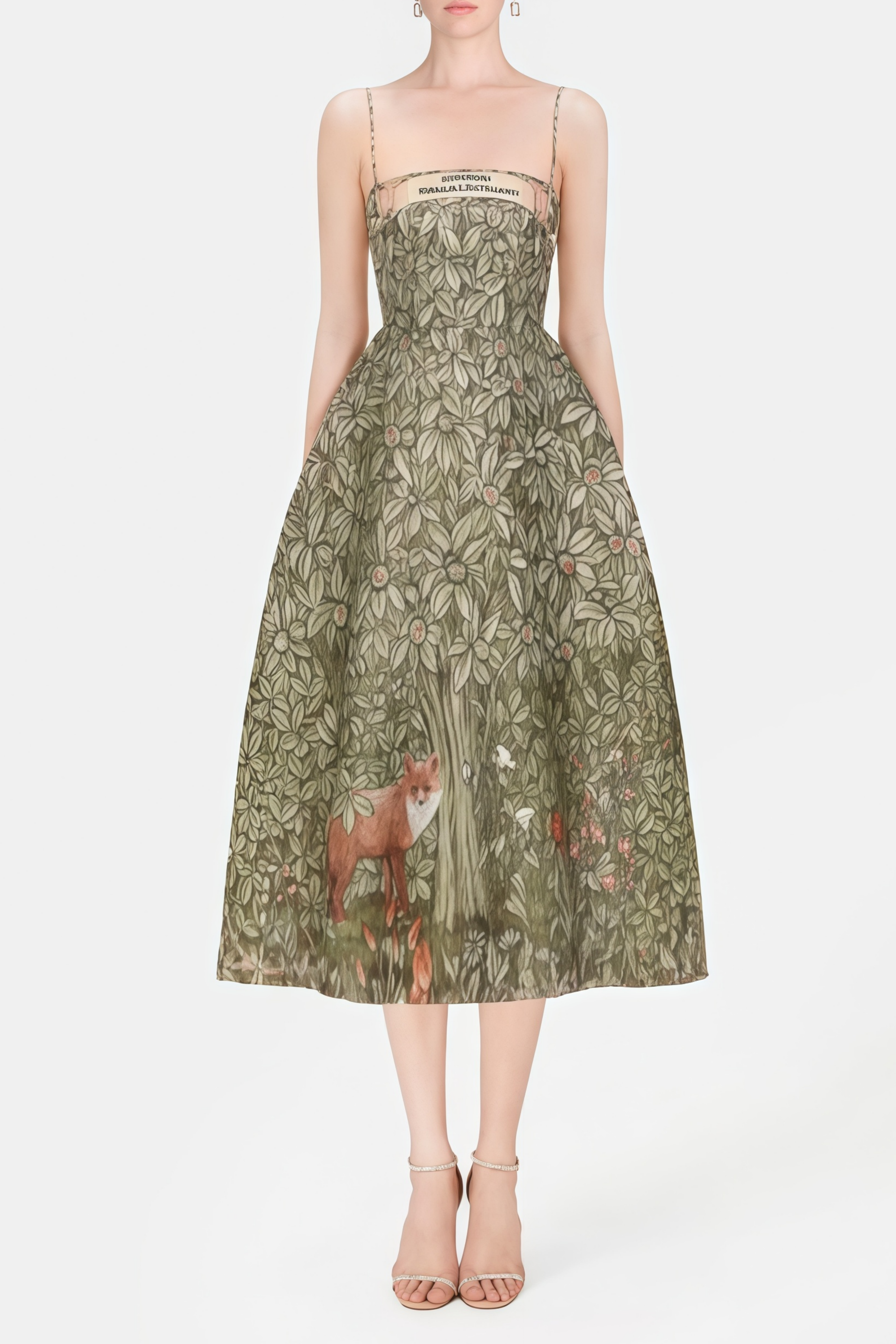 فستان كلوديا متوسط الطول بطبعة الغابة باللون الأخضر