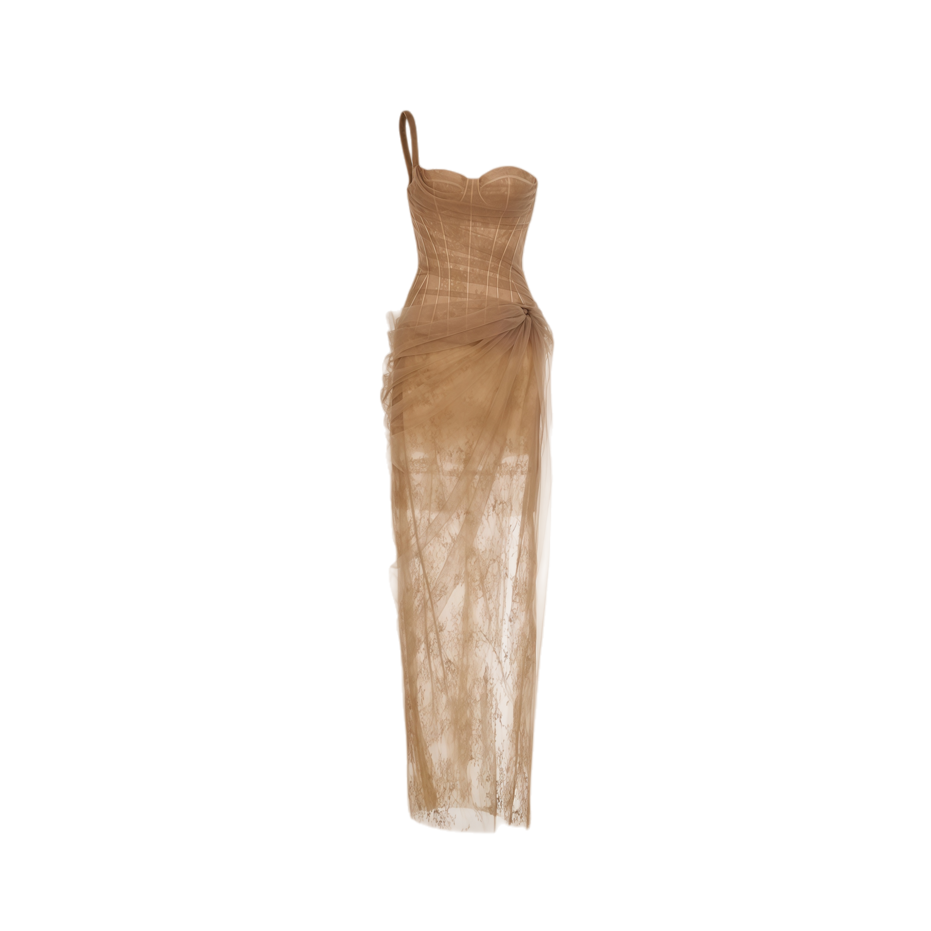 Juno Brown Pleated Mesh Midi Dress