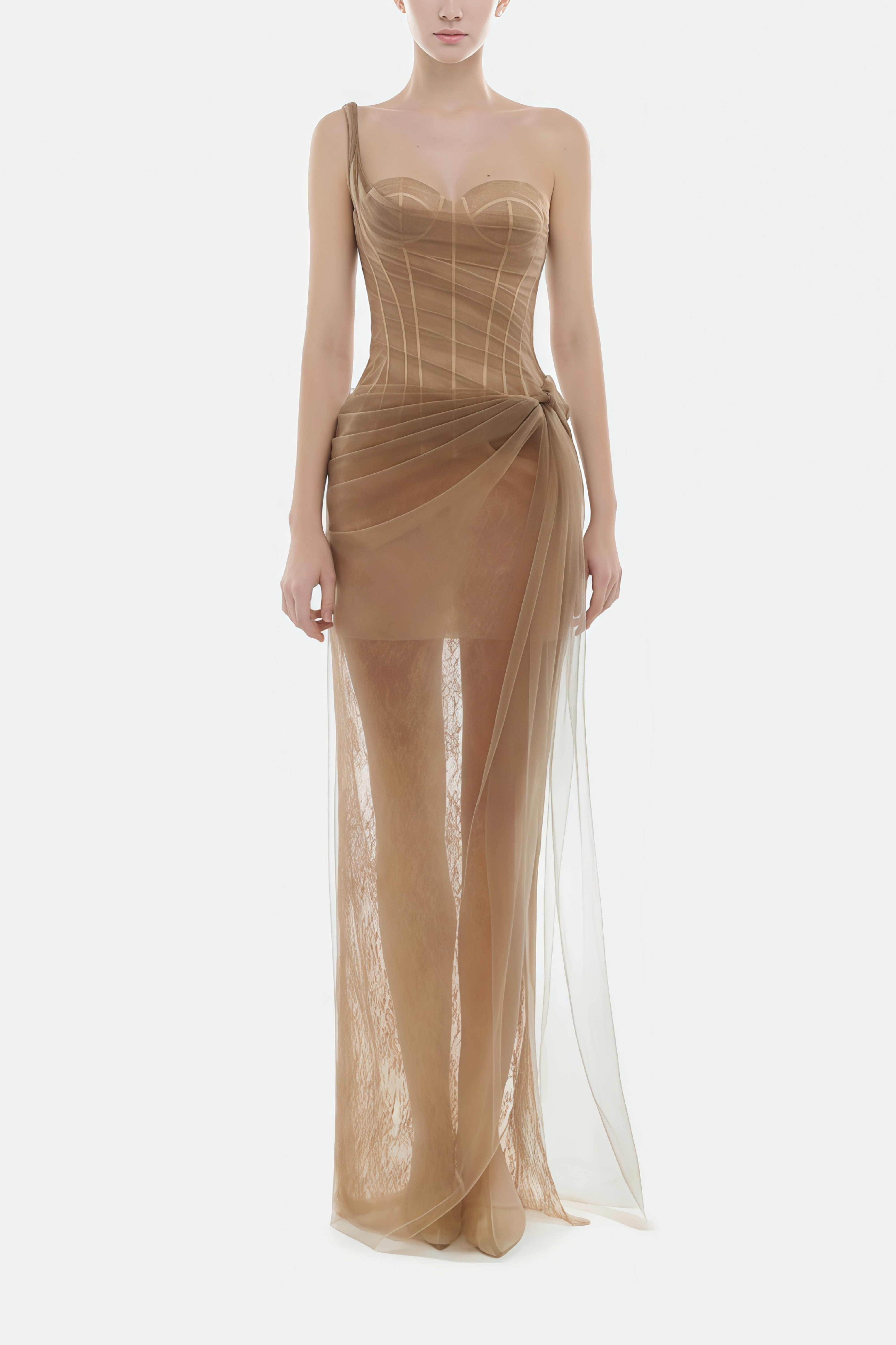 Juno Brown Pleated Mesh Midi Dress