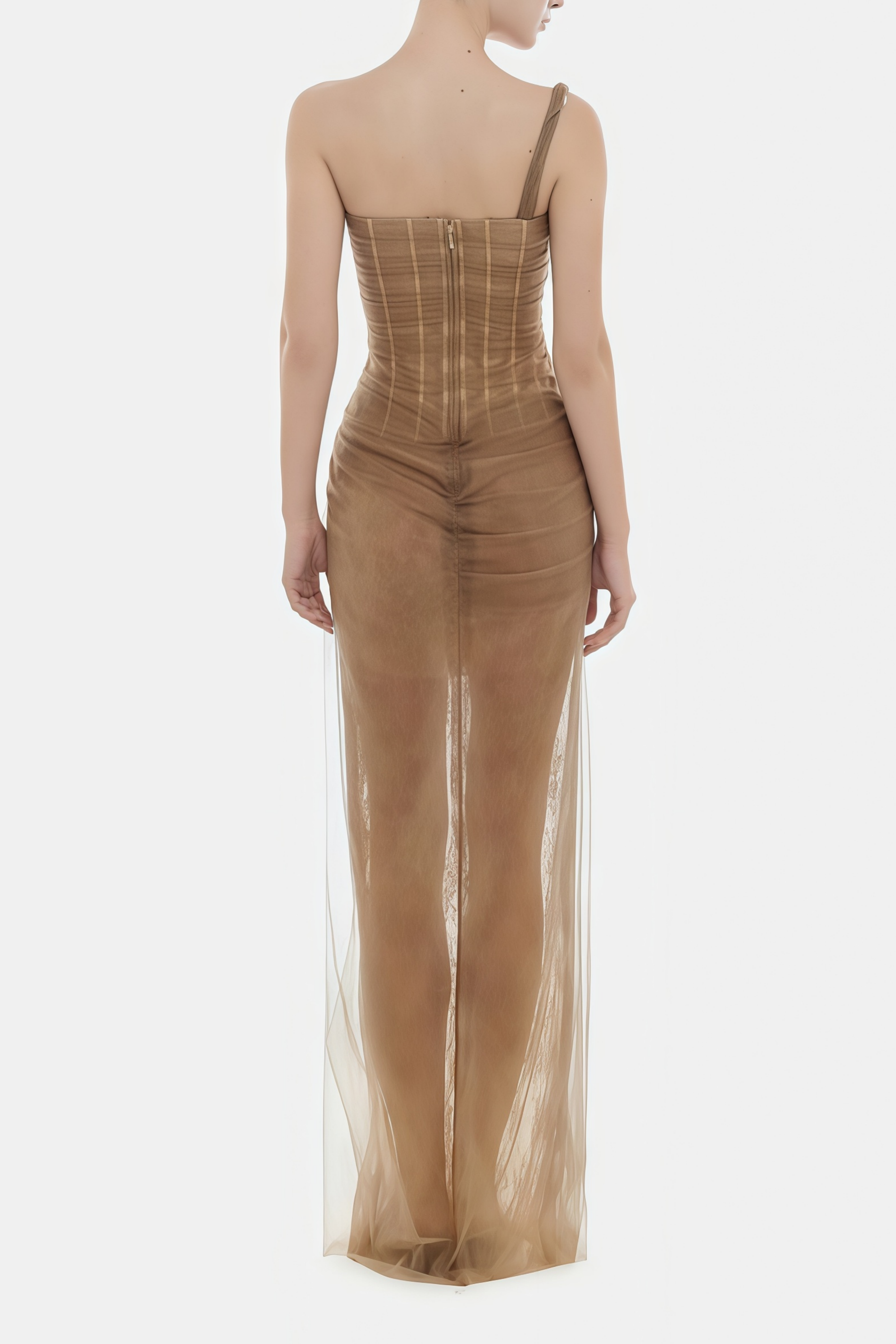 Juno Brown Pleated Mesh Midi Dress