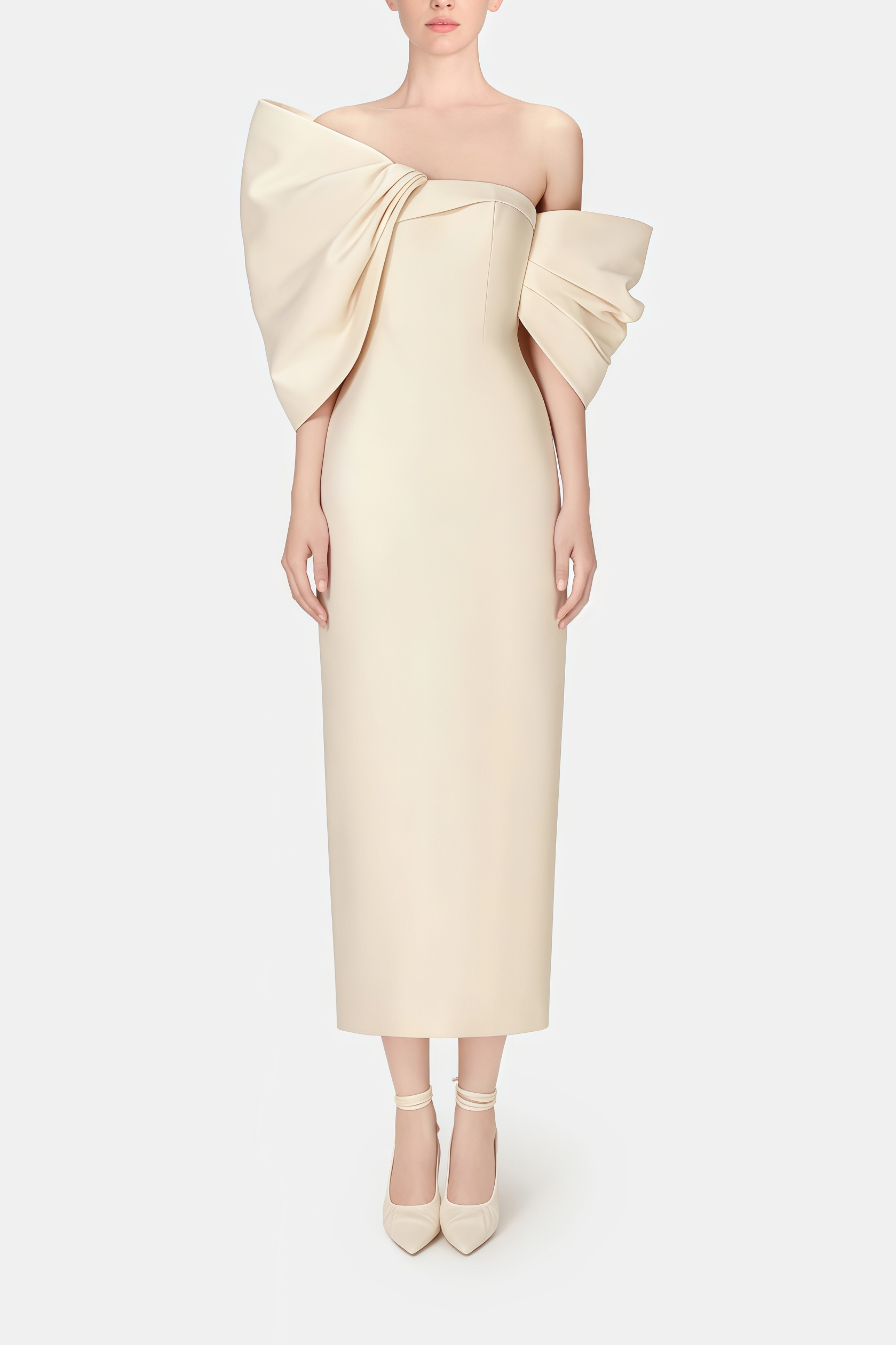 Leire Cremefarbenes Midikleid mit asymmetrischer Schleife