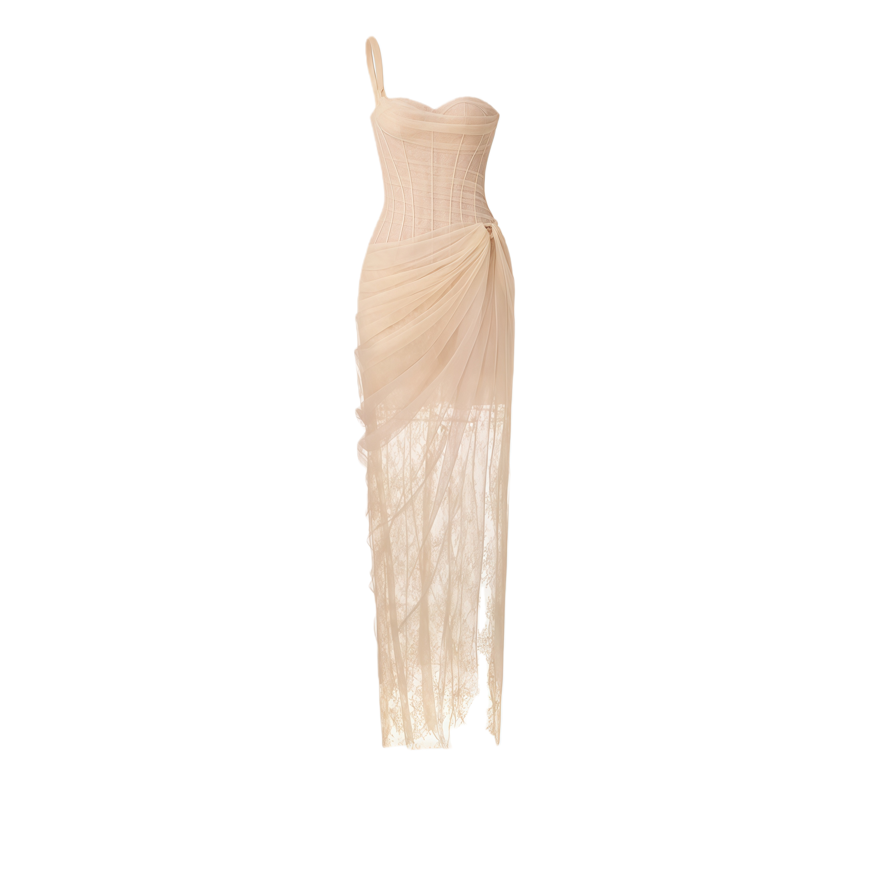Juno Neutral Pleated Mesh Midi Dress