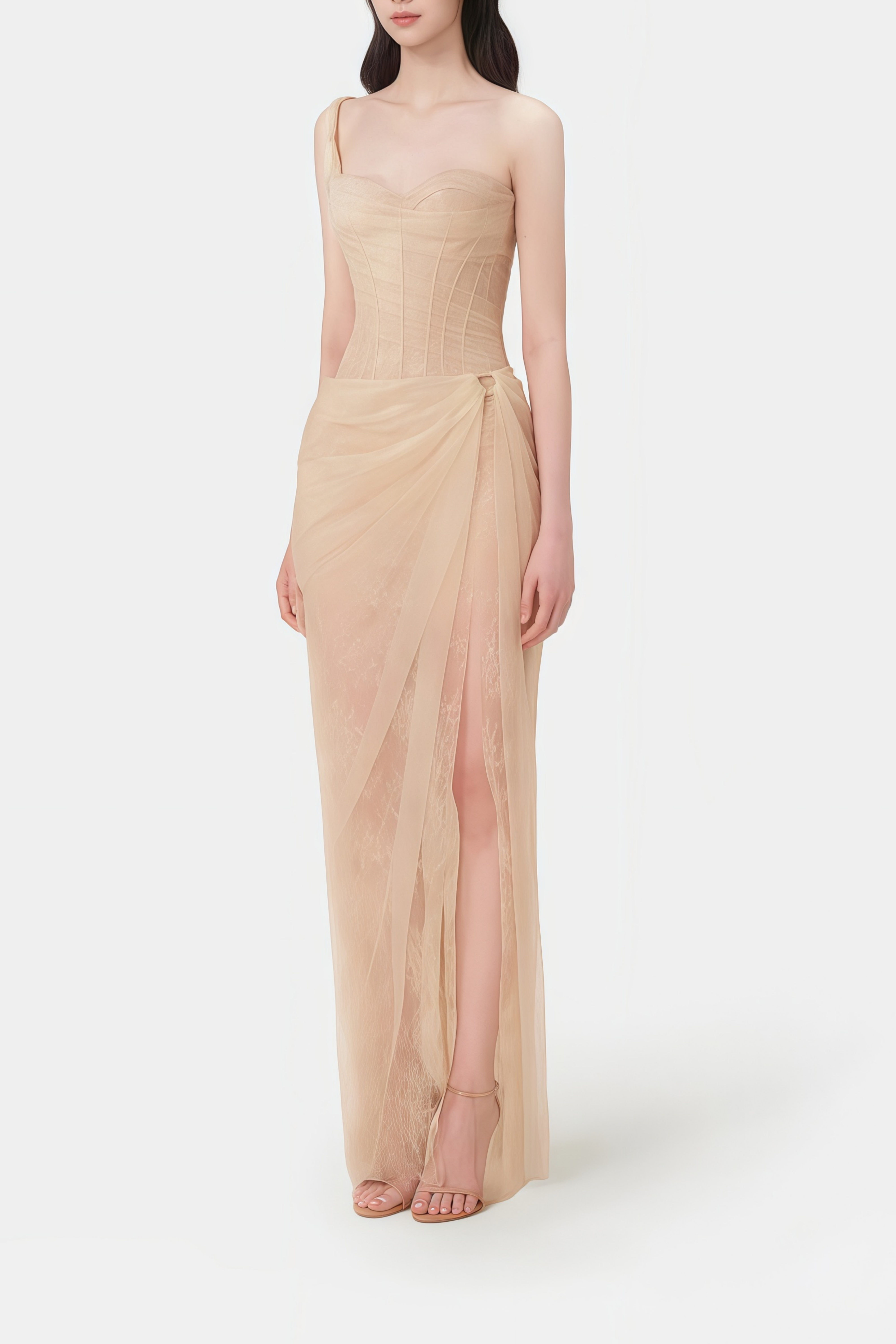 Juno Neutral Pleated Mesh Midi Dress