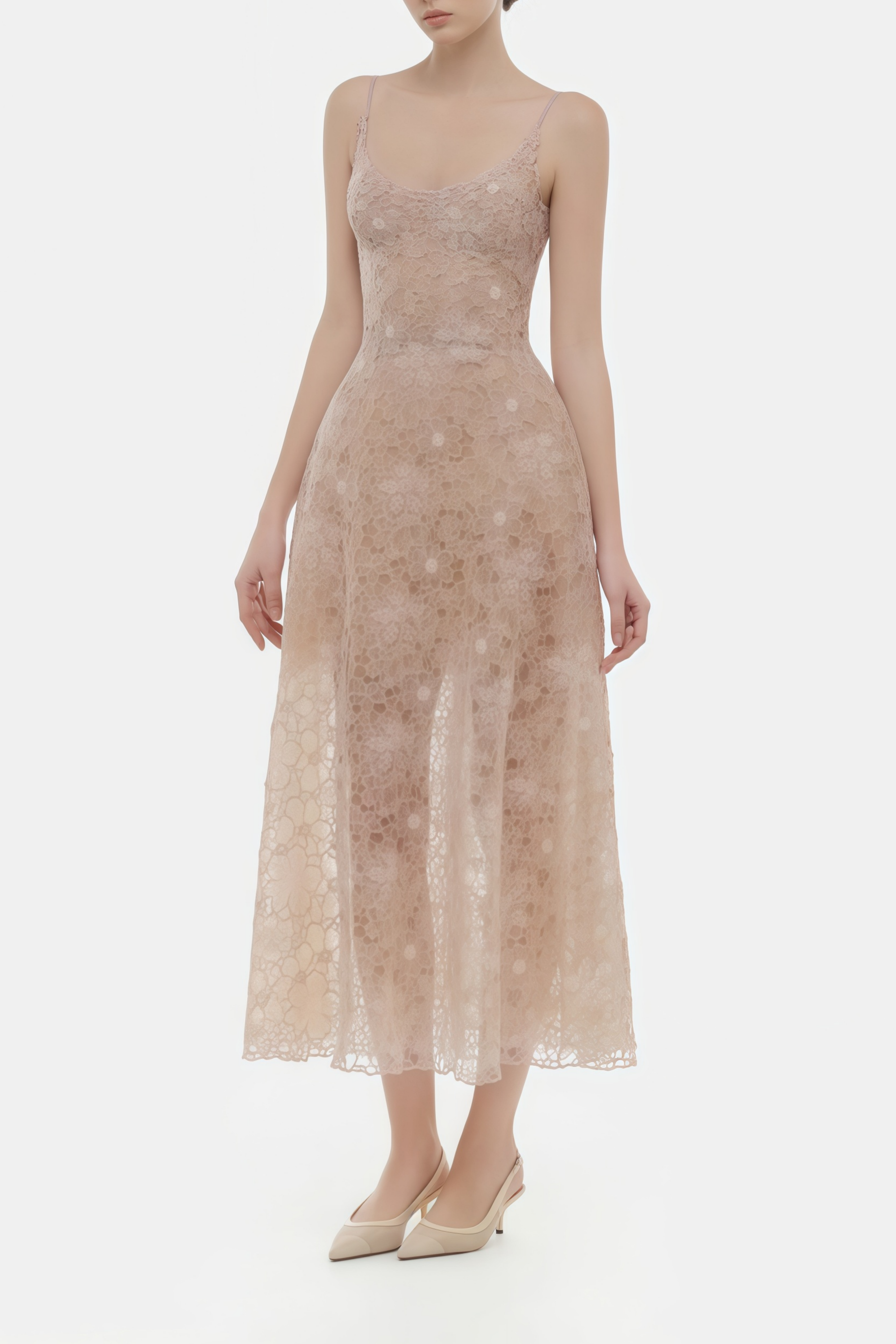 فستان كريستوفر الوردي المزهر من الدانتيل متوسط الطول
