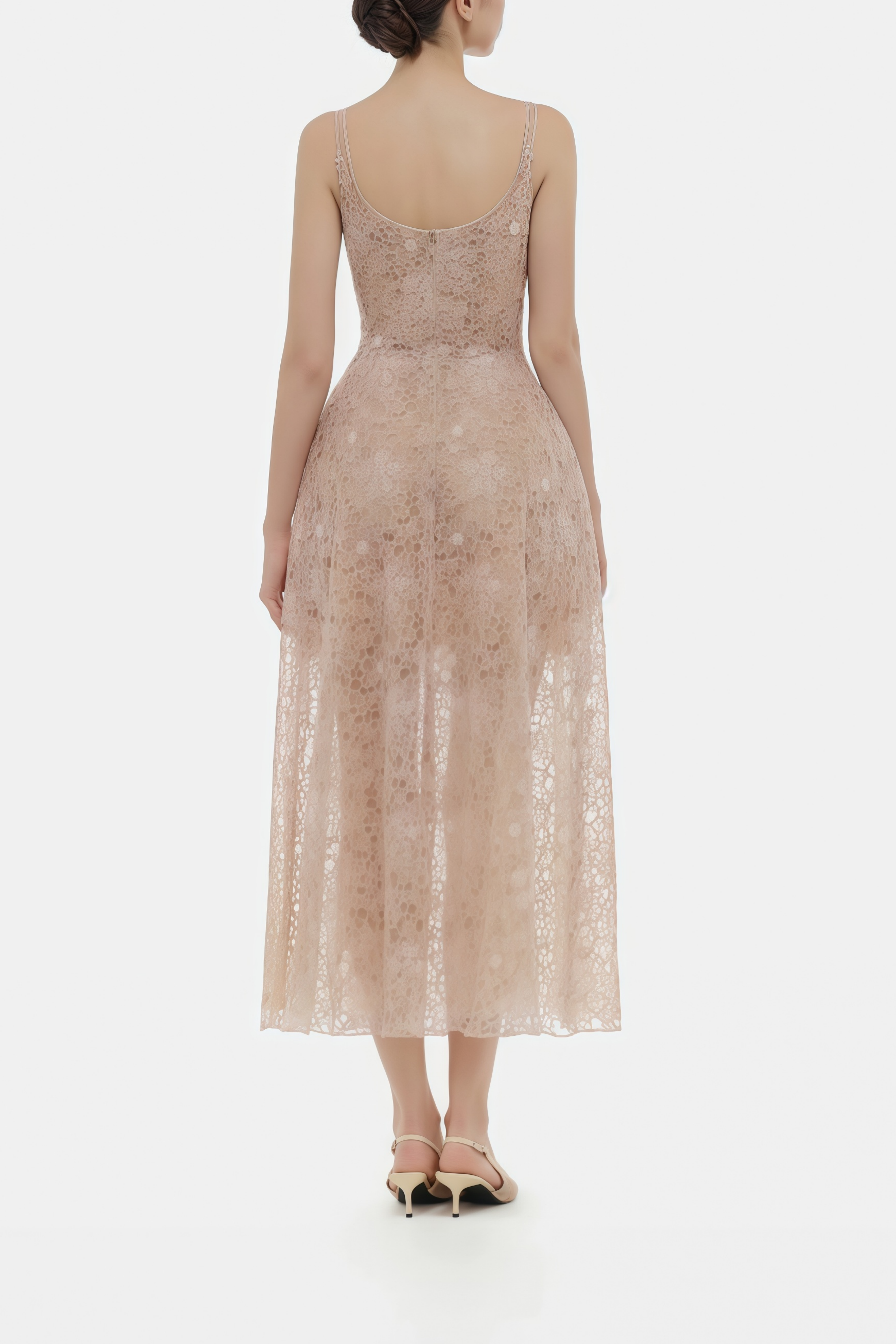 فستان كريستوفر الوردي المزهر من الدانتيل متوسط الطول