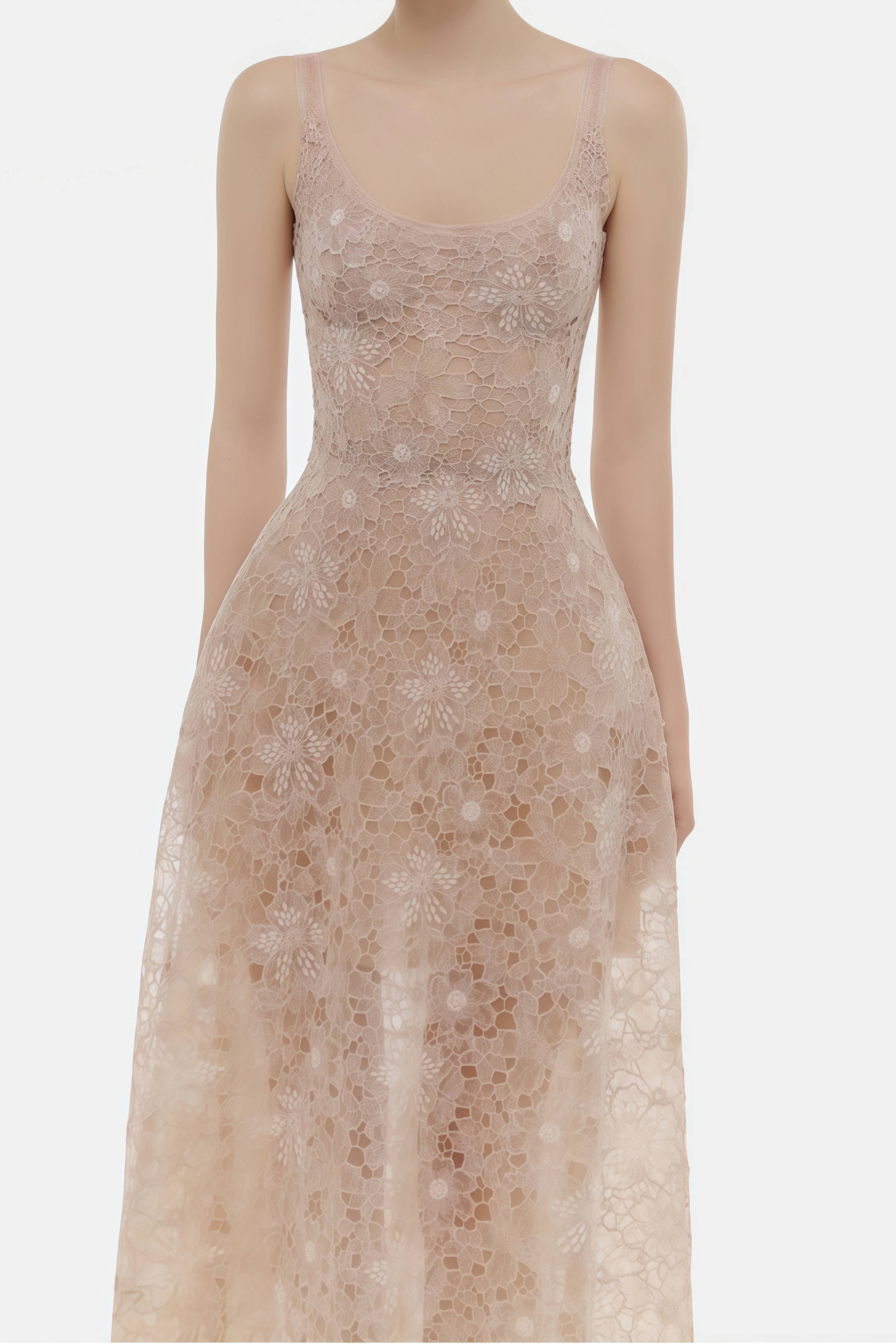 فستان كريستوفر الوردي المزهر من الدانتيل متوسط الطول