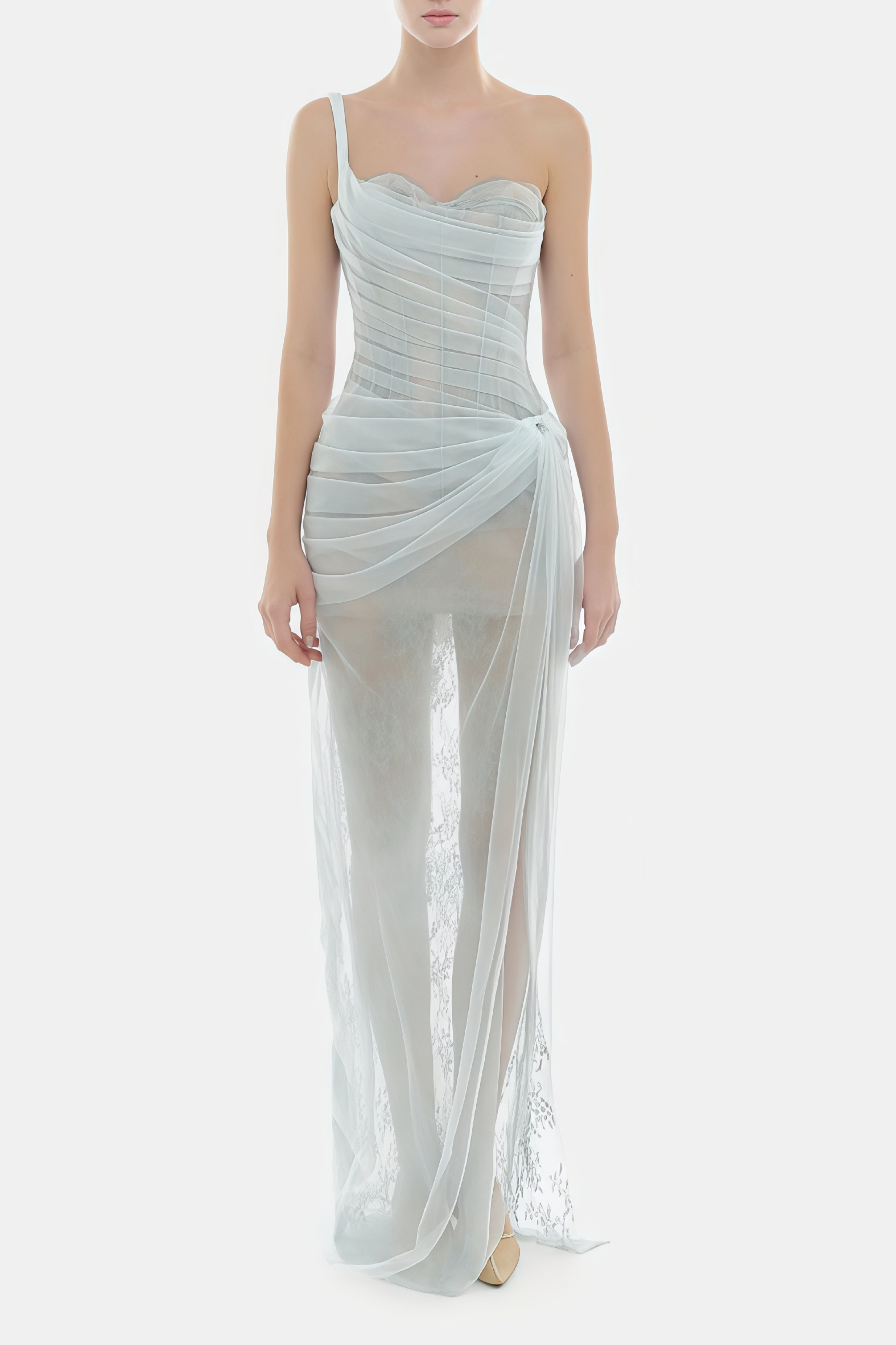 Juno Blue Pleated Mesh Midi Dress