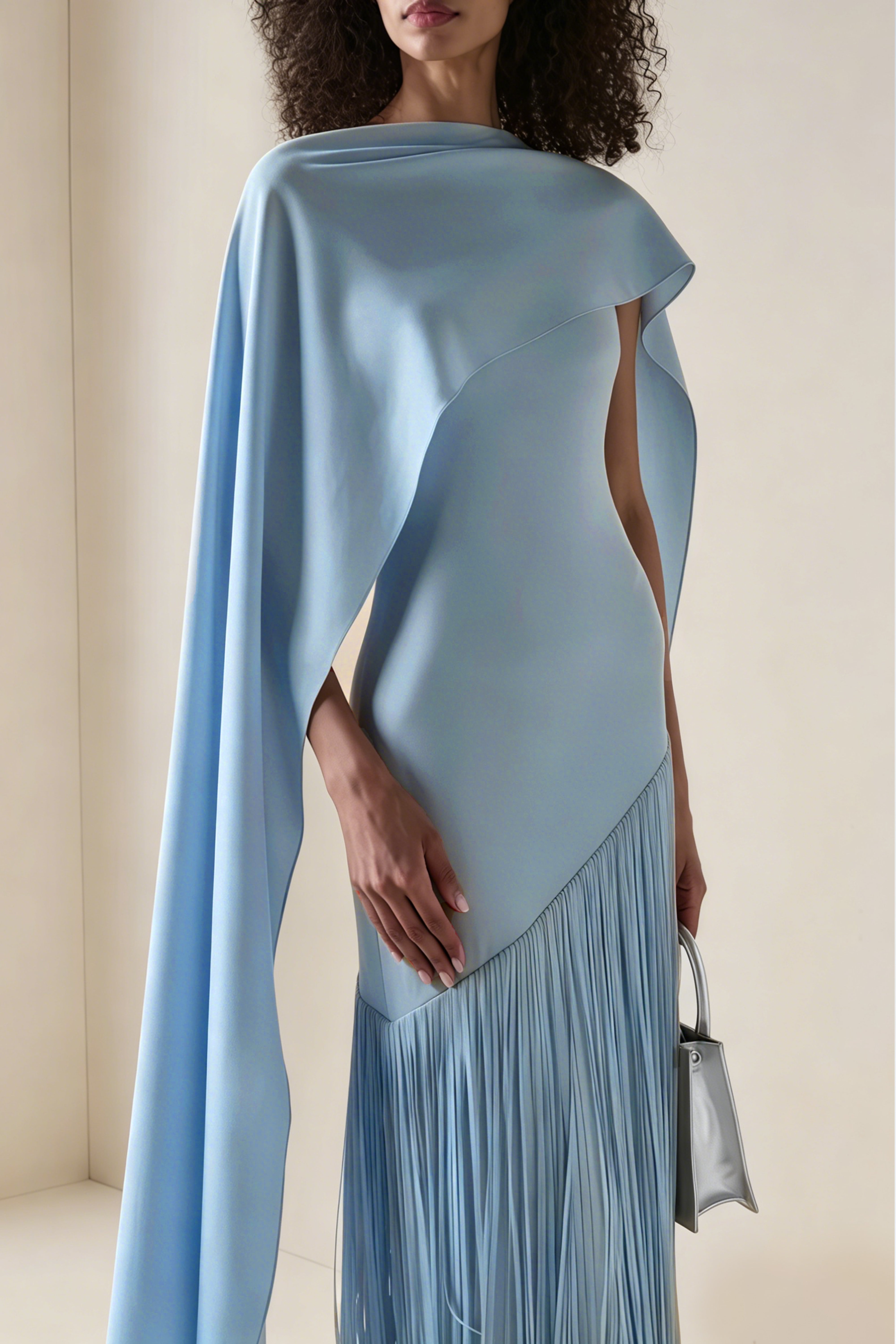 فستان ماكسي من كايتانا باللون الأزرق الياقوتي مع حواف وبتصميم يشبه الرداء