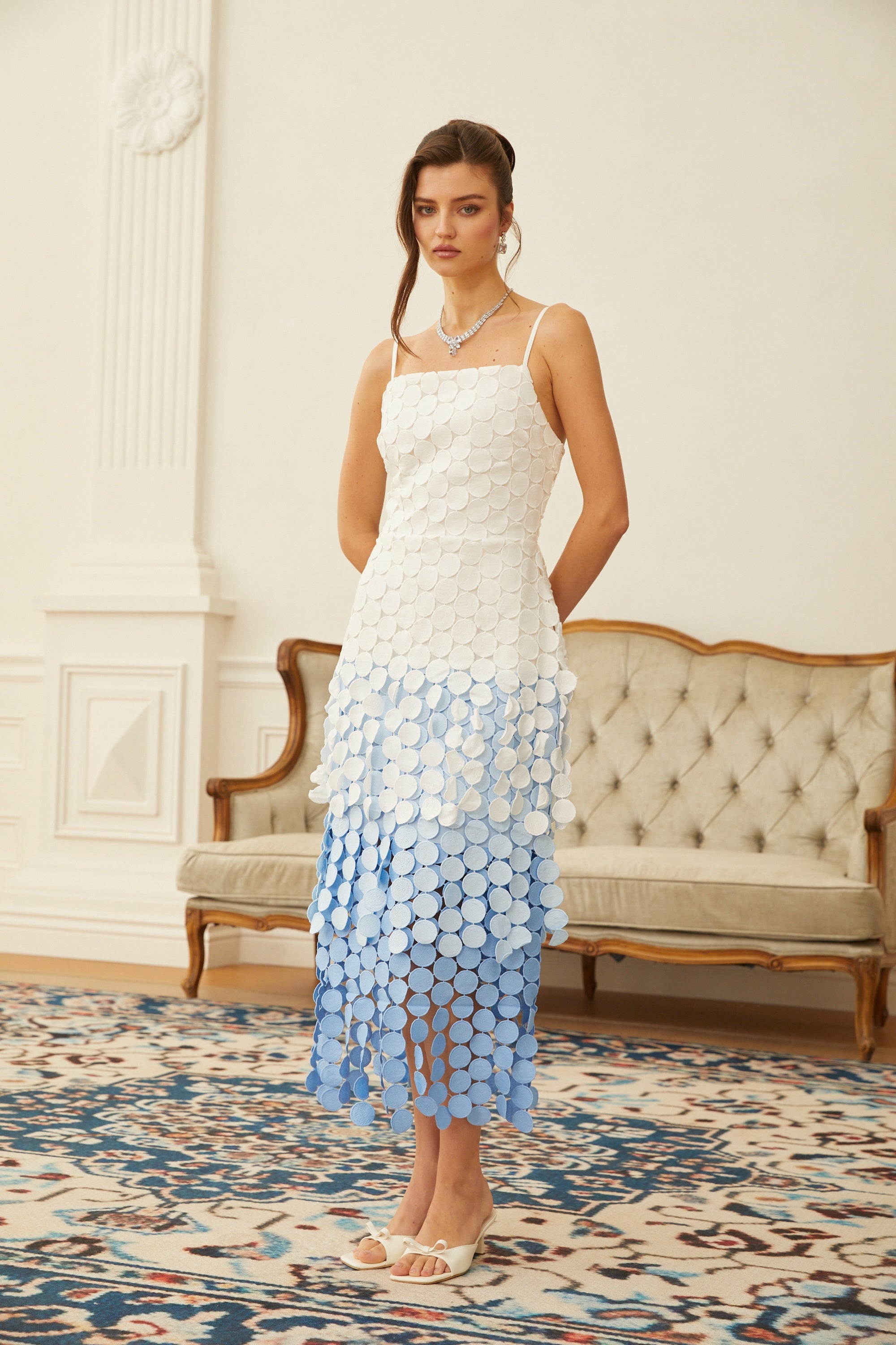 Vezzetti Blue Embroidered-Disc Fringed Midi Dress