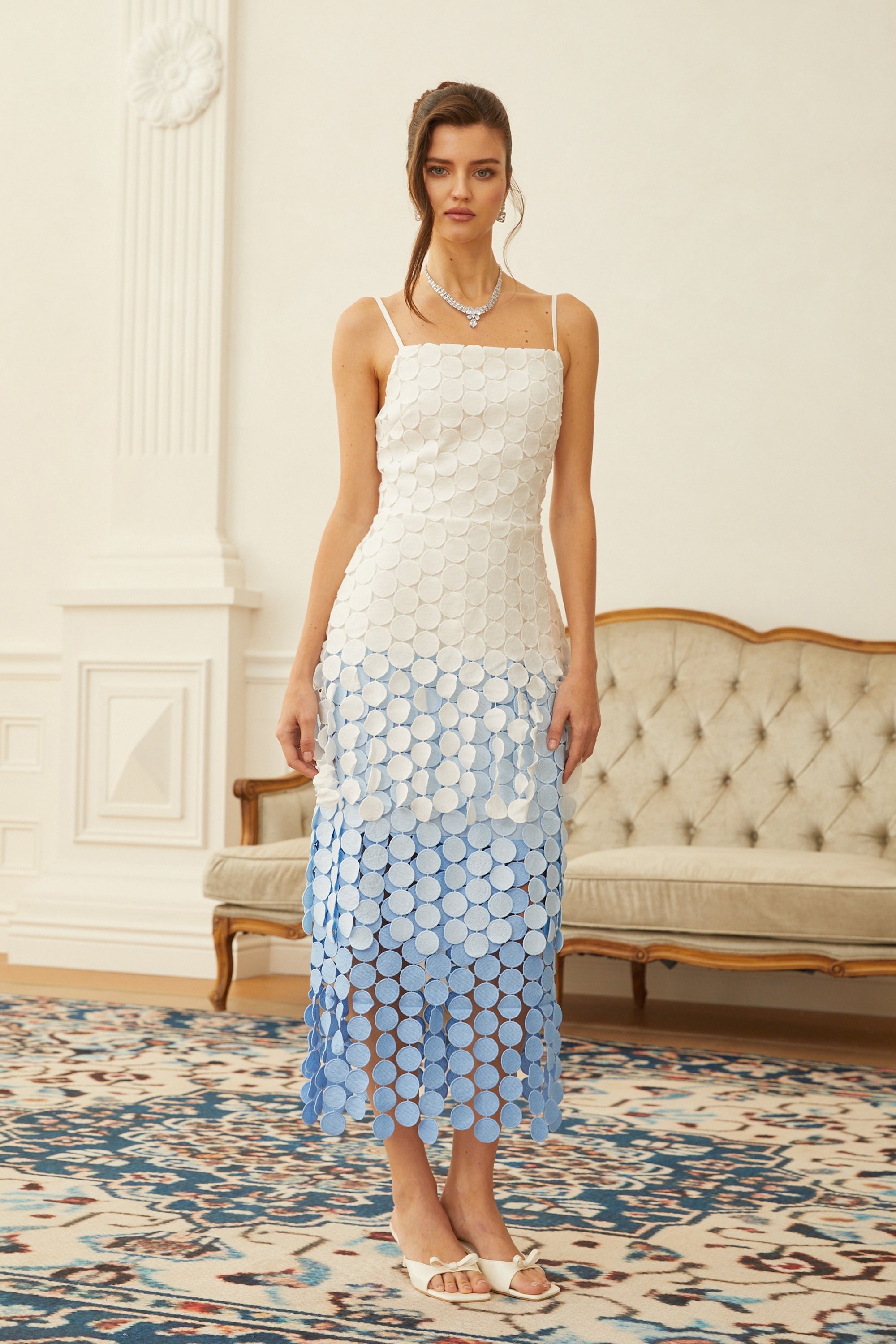 Vezzetti Blue Embroidered-Disc Fringed Midi Dress