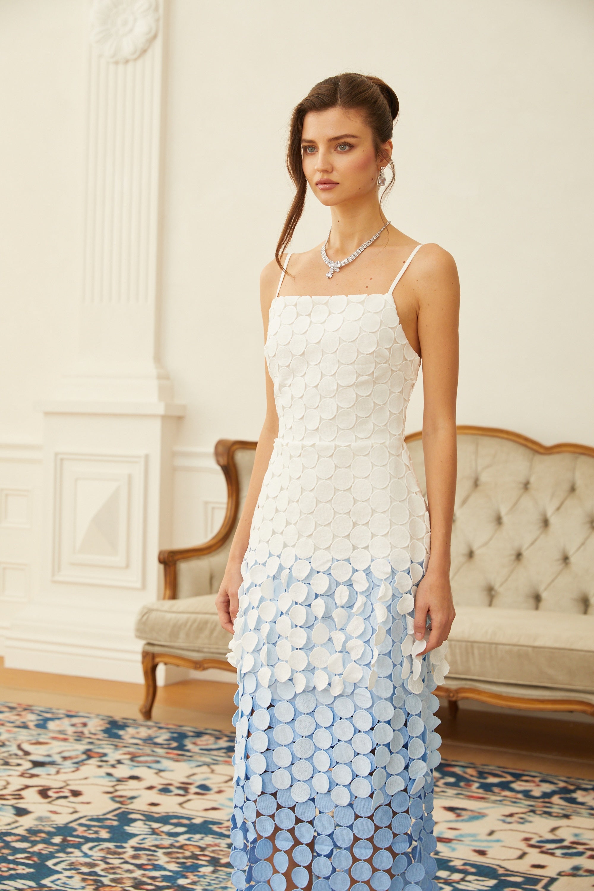 Vezzetti Blue Embroidered-Disc Fringed Midi Dress