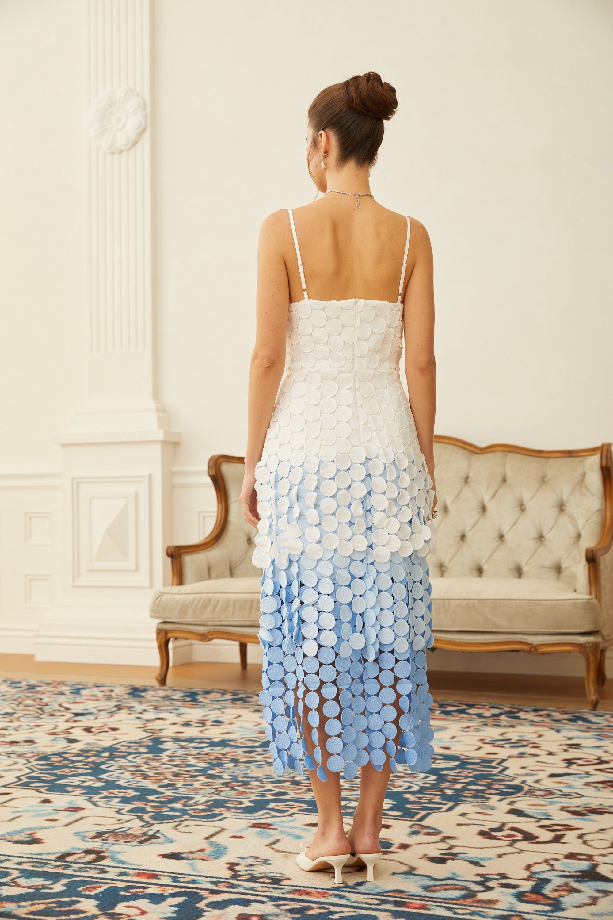 Vezzetti Blue Embroidered-Disc Fringed Midi Dress