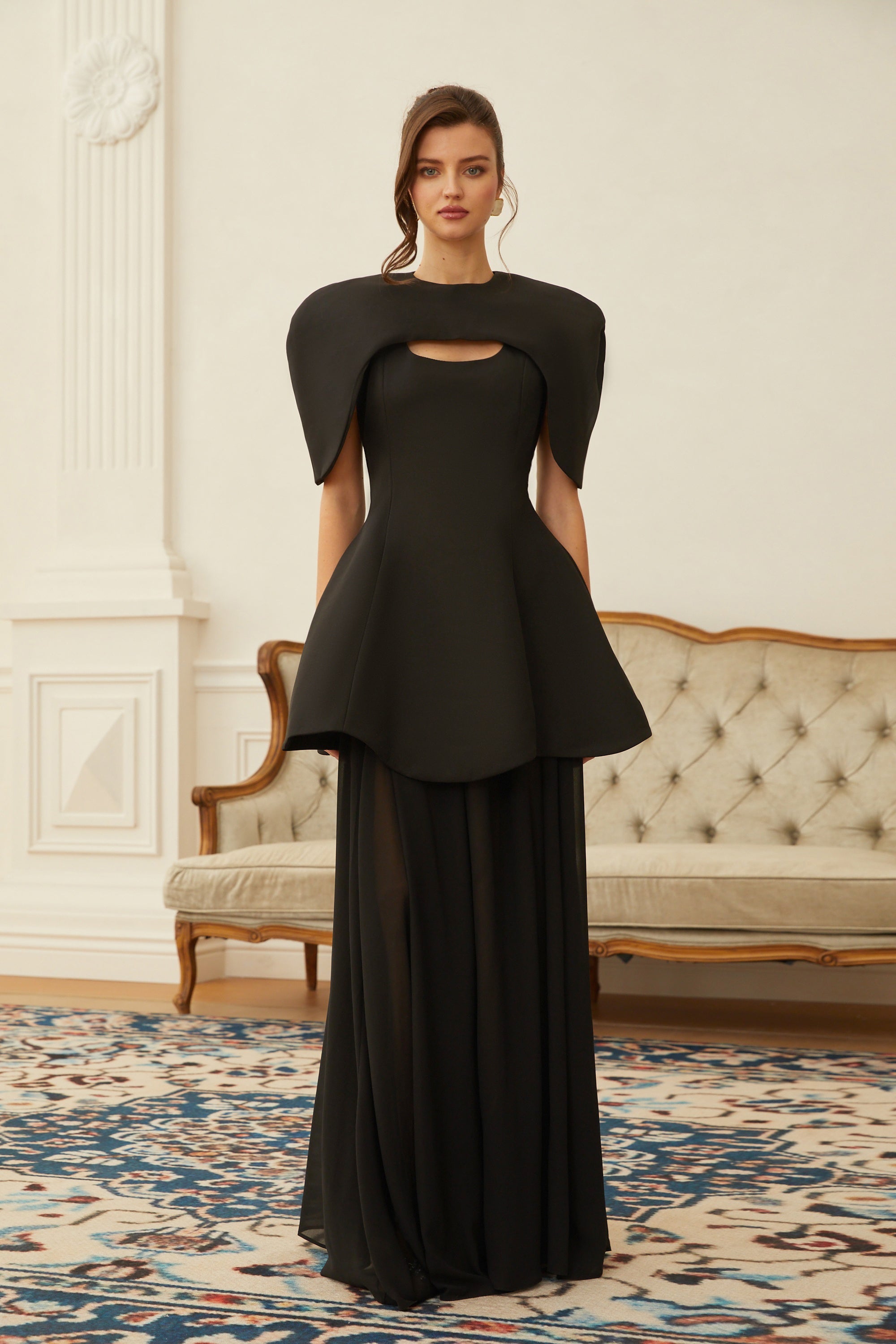 Auriane Black Layered Cape Sculptural Maxi Dress Set