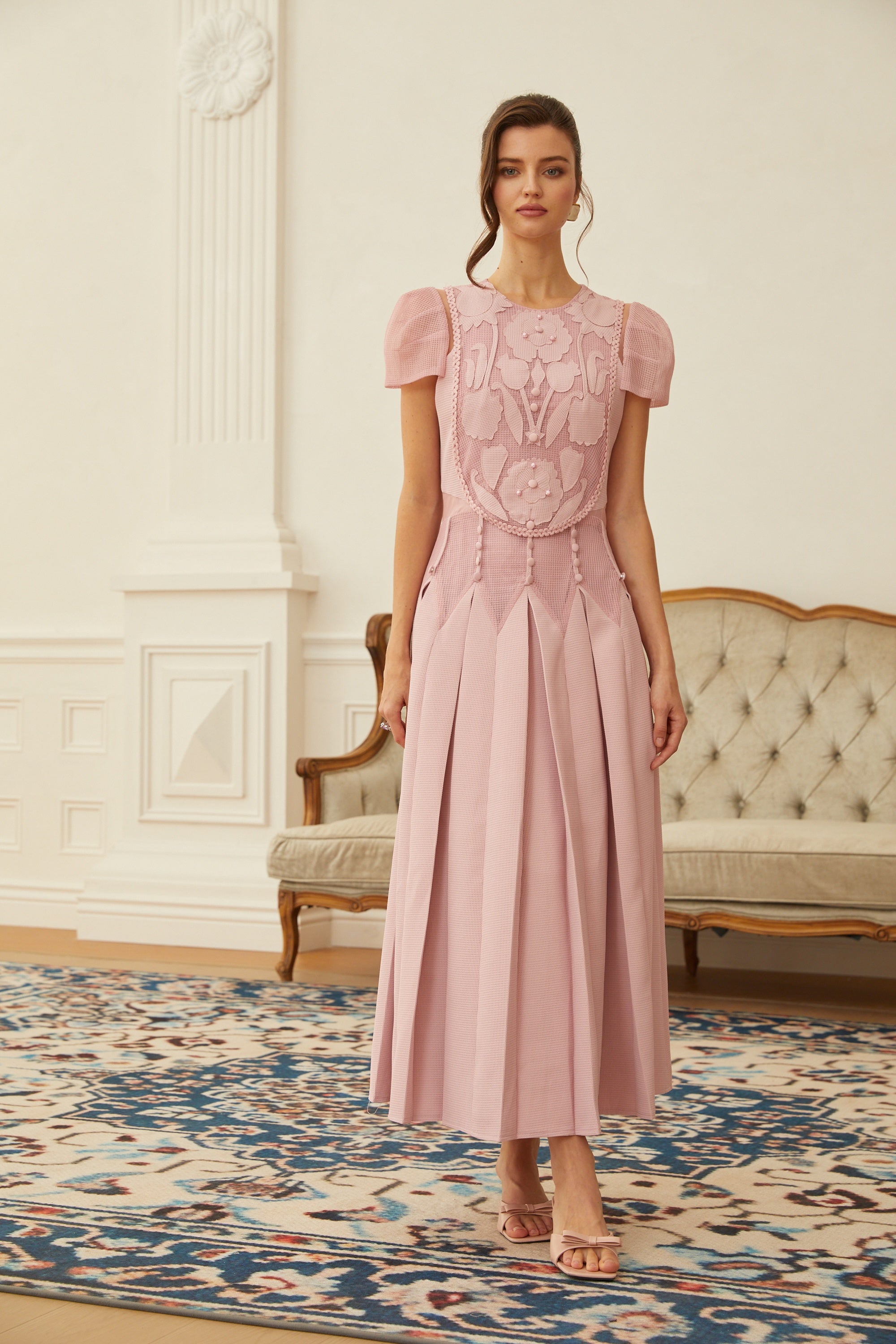 Maelle Pink Flower Embroidered Maxi Dress