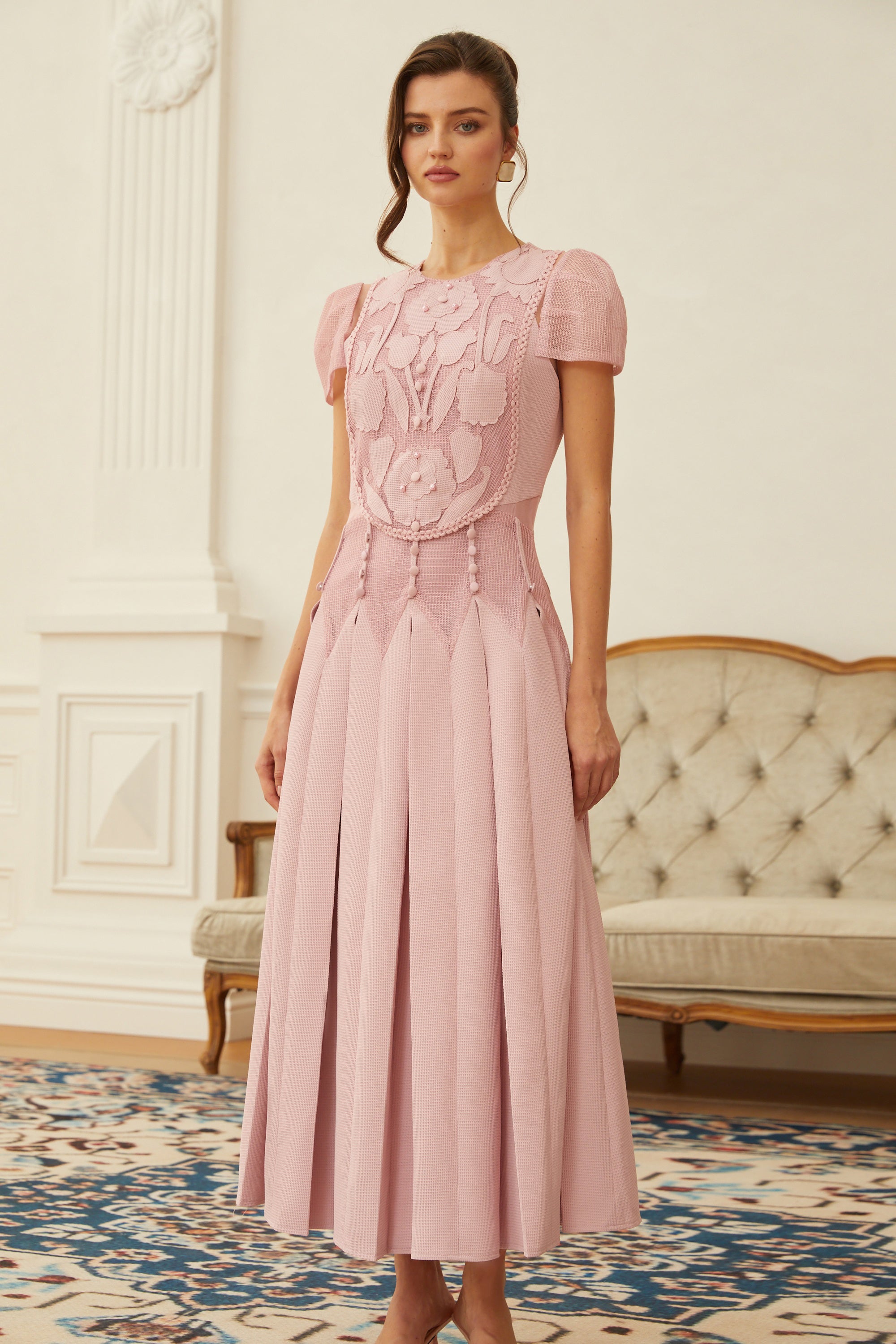 Maelle Pink Flower Embroidered Maxi Dress