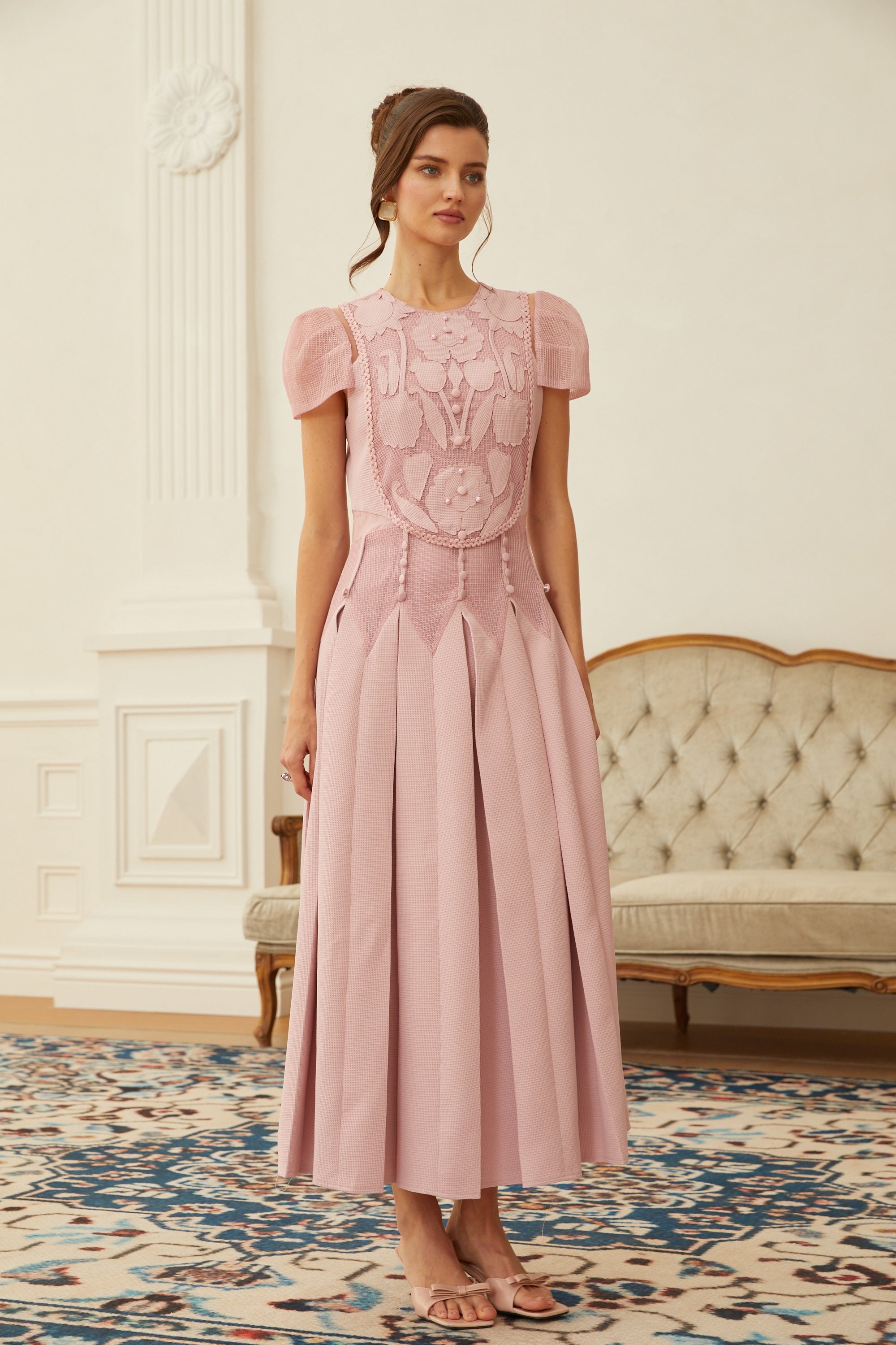 Maelle Pink Flower Embroidered Maxi Dress