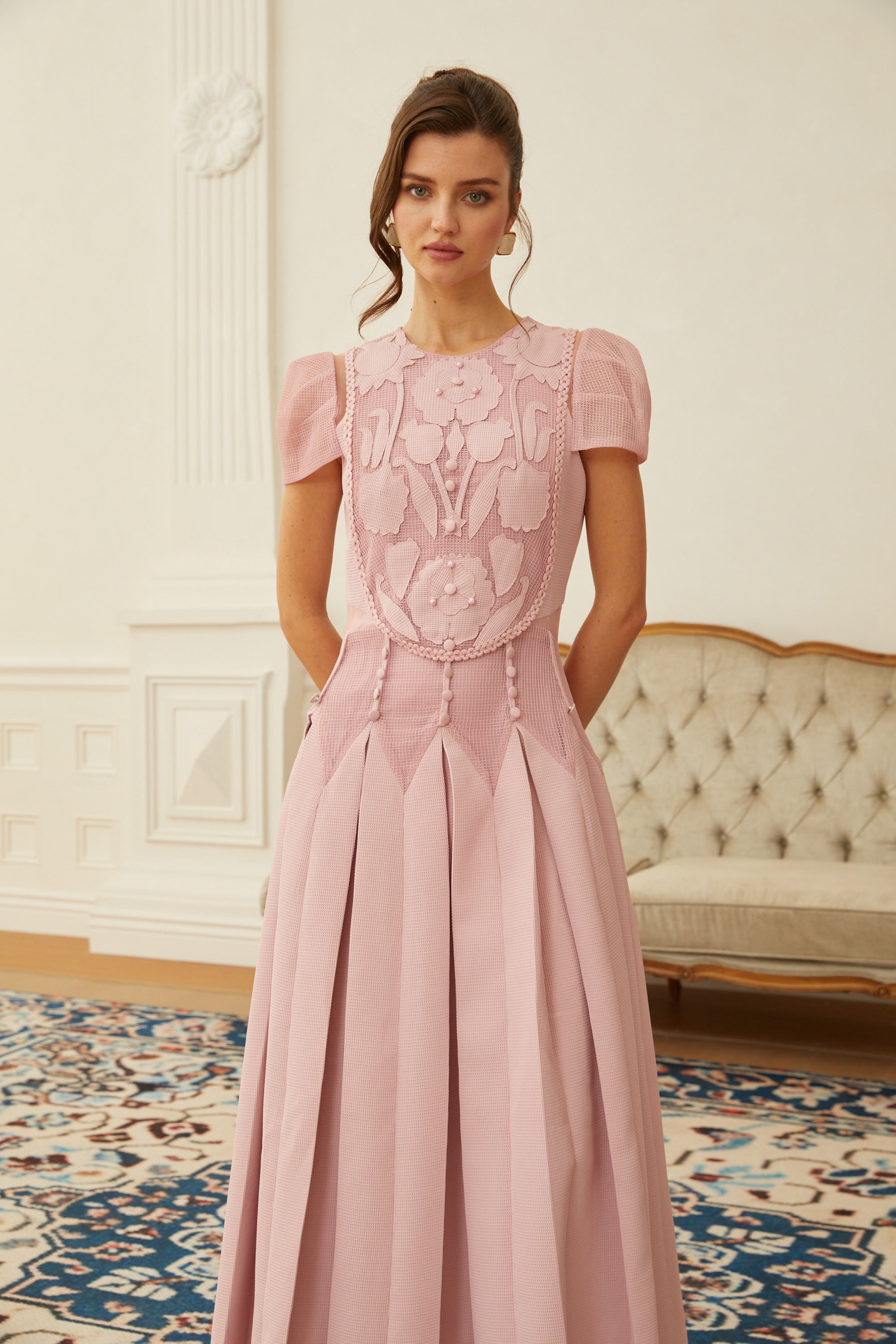 Maelle Pink Flower Embroidered Maxi Dress