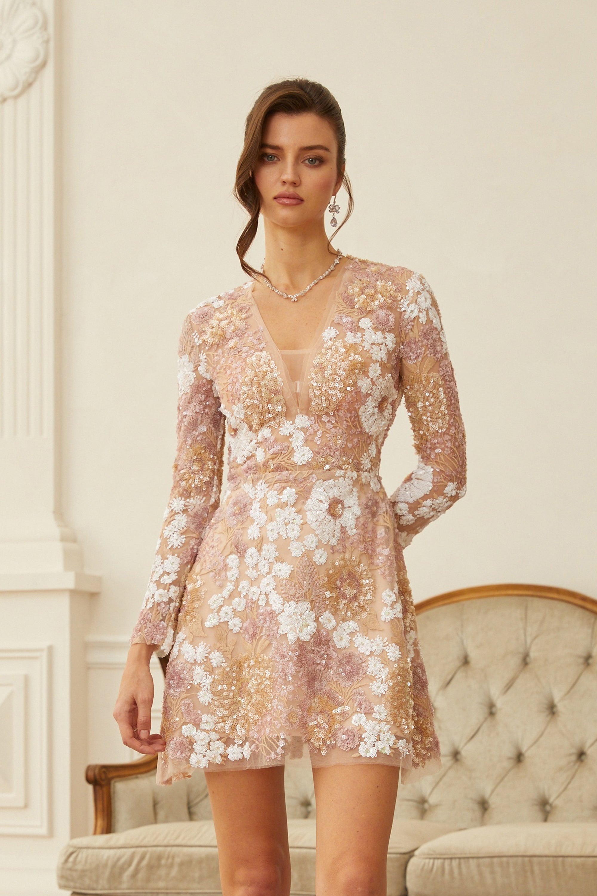 Hilma Neutral Sequined Floral Tulle Mini Dress