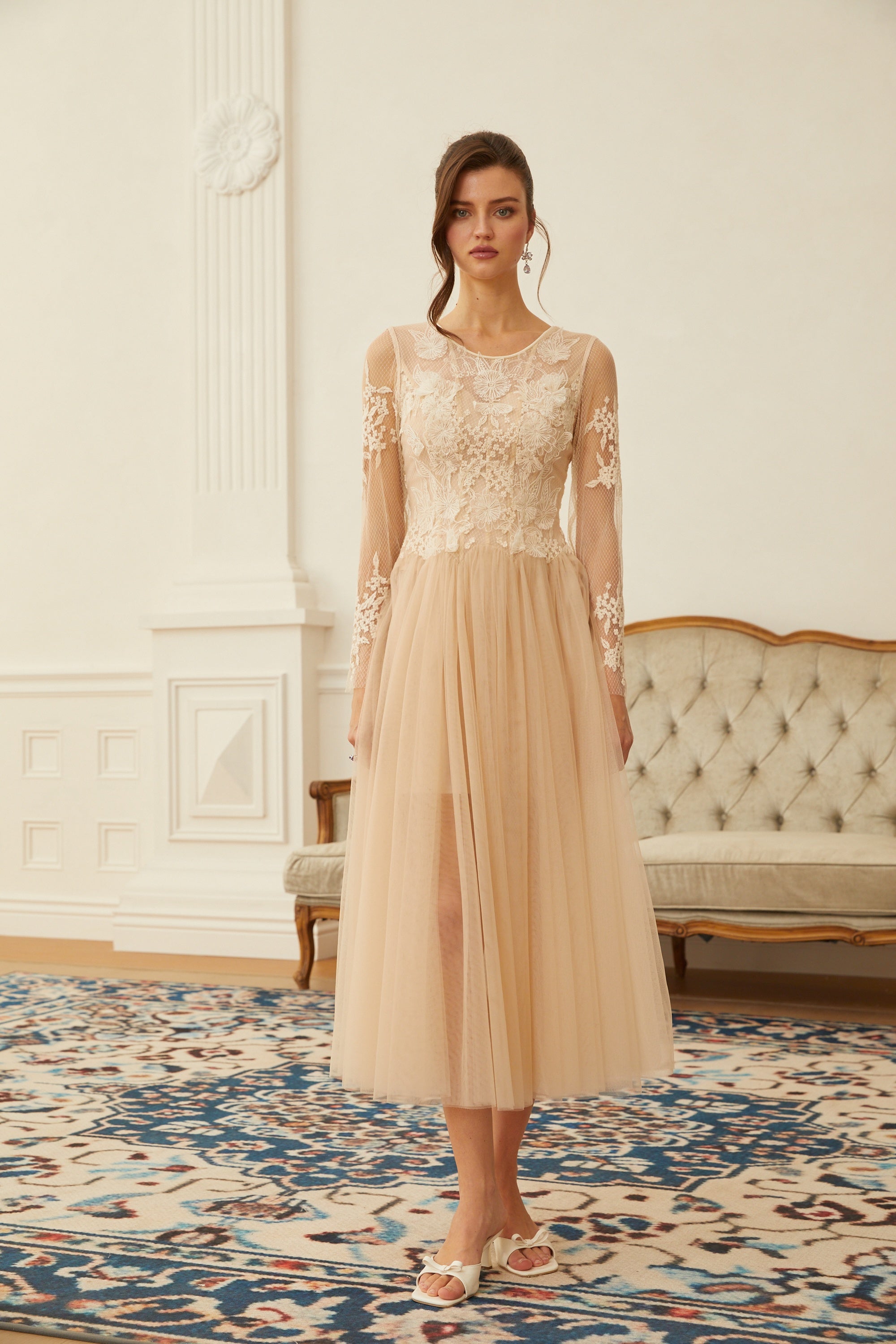 Aviana Neutral Lace Panel Tulle Midi Dress