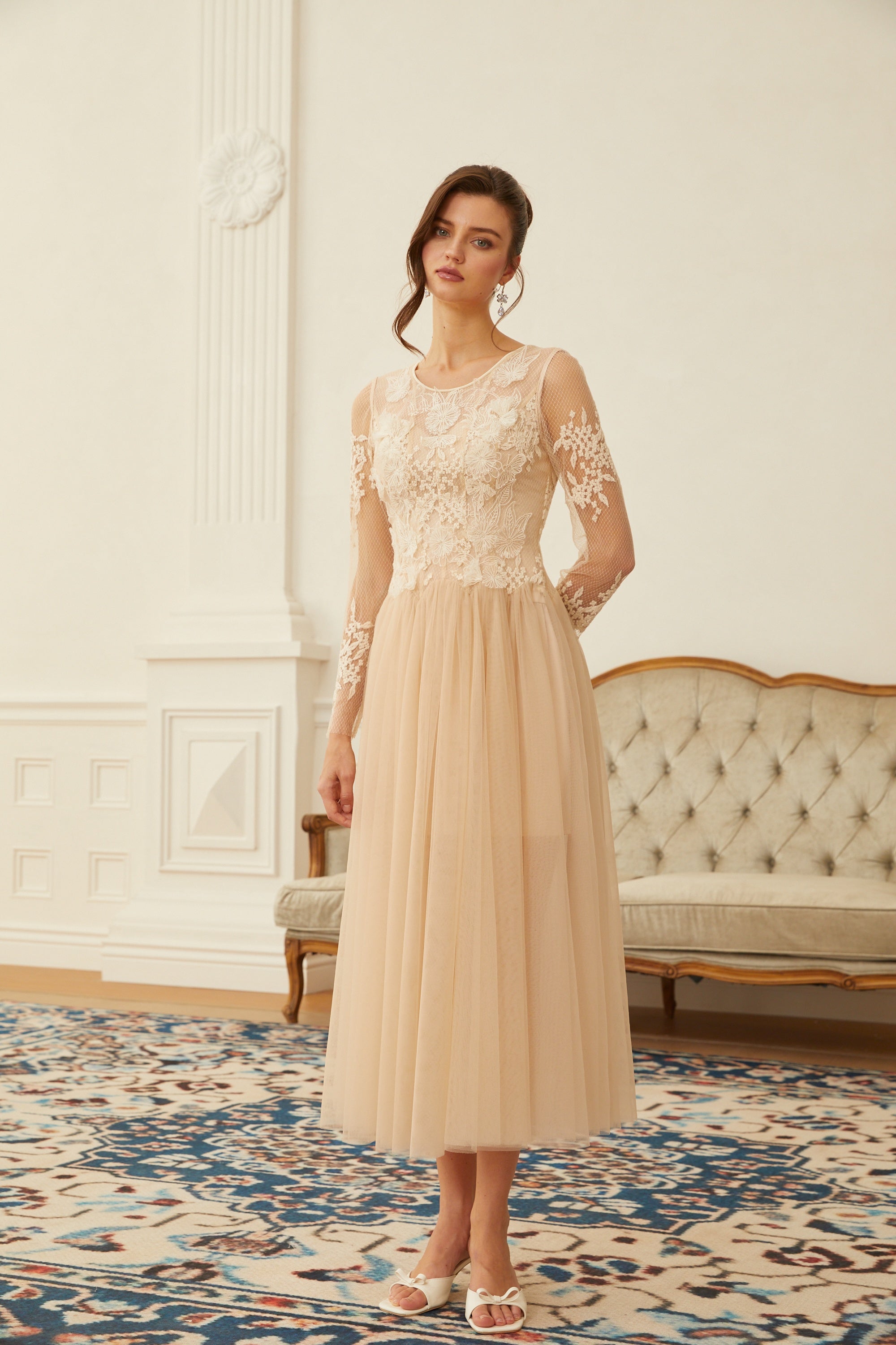 Aviana Neutral Lace Panel Tulle Midi Dress