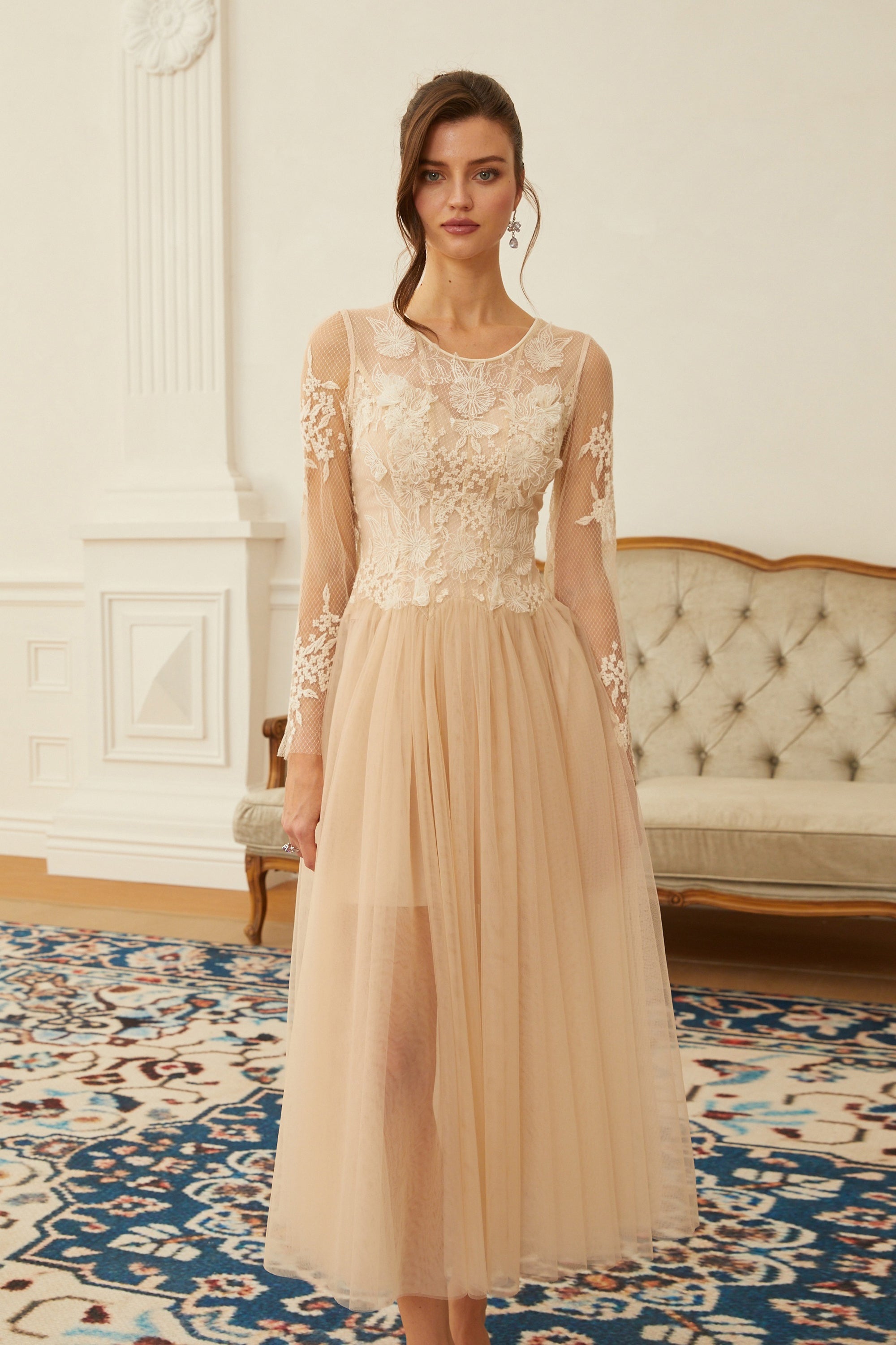 Aviana Neutral Lace Panel Tulle Midi Dress