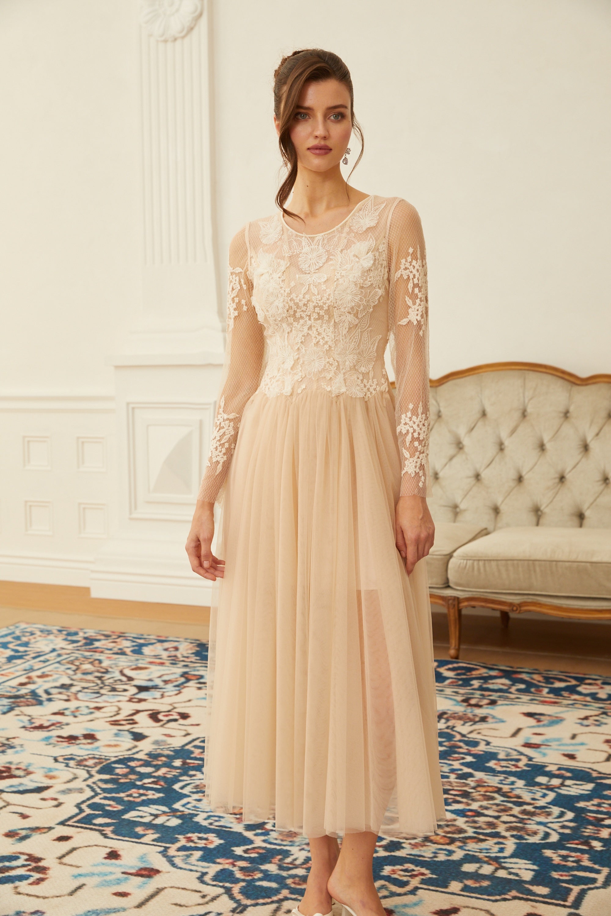 Aviana Neutral Lace Panel Tulle Midi Dress