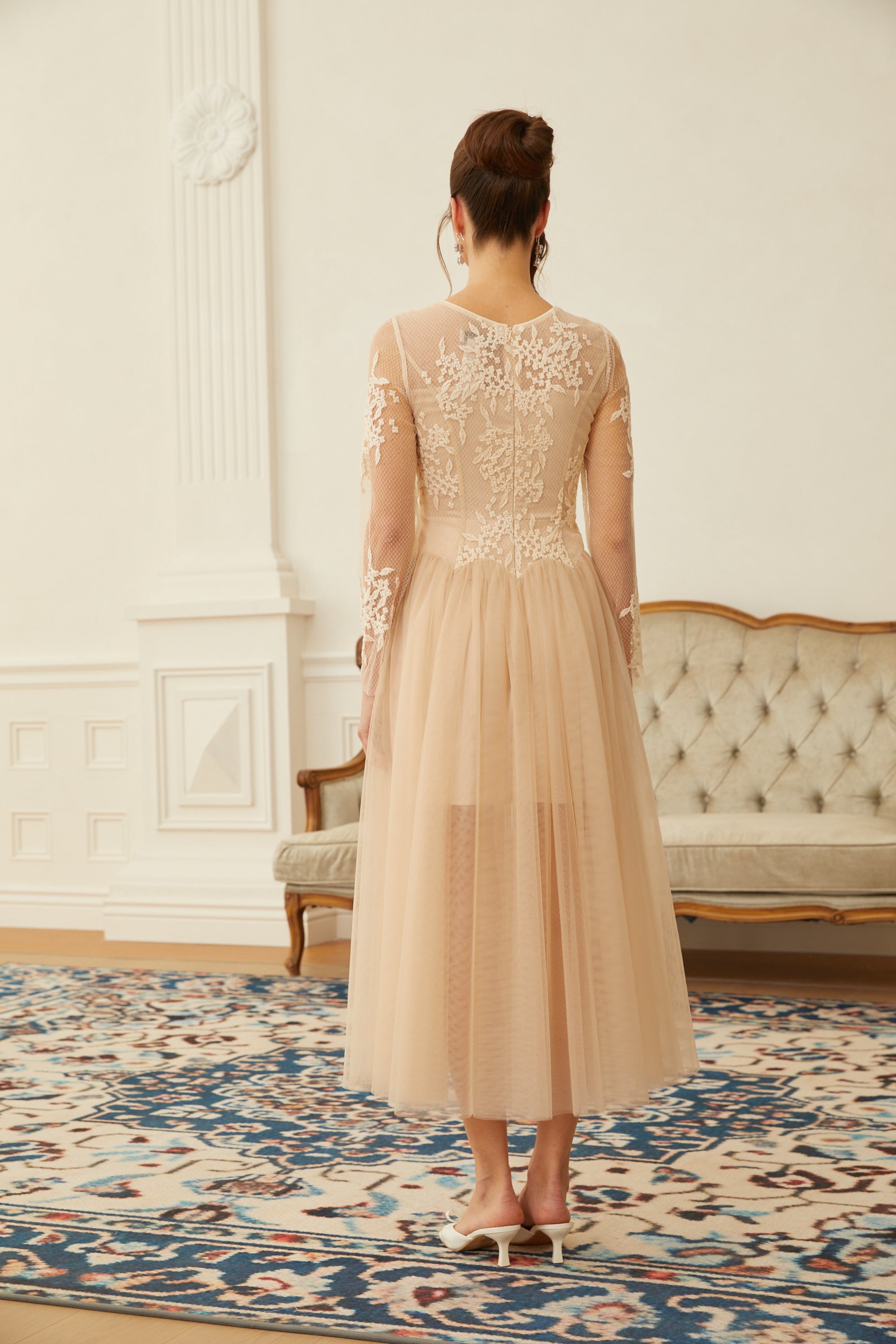 Aviana Neutral Lace Panel Tulle Midi Dress
